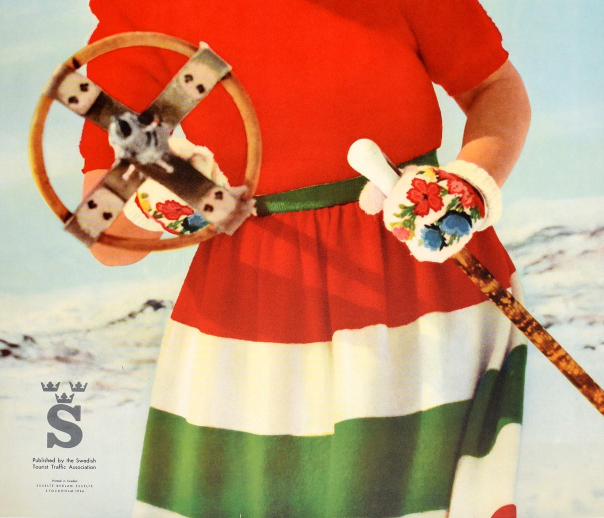 Original Vintage Poster Sweden Skiing Travel Winter Sport Mountain Ski Design - Gray Print by Unknown