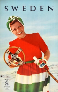 Original Vintage Poster Sweden Skiing Travel Winter Sport Mountain Ski Design