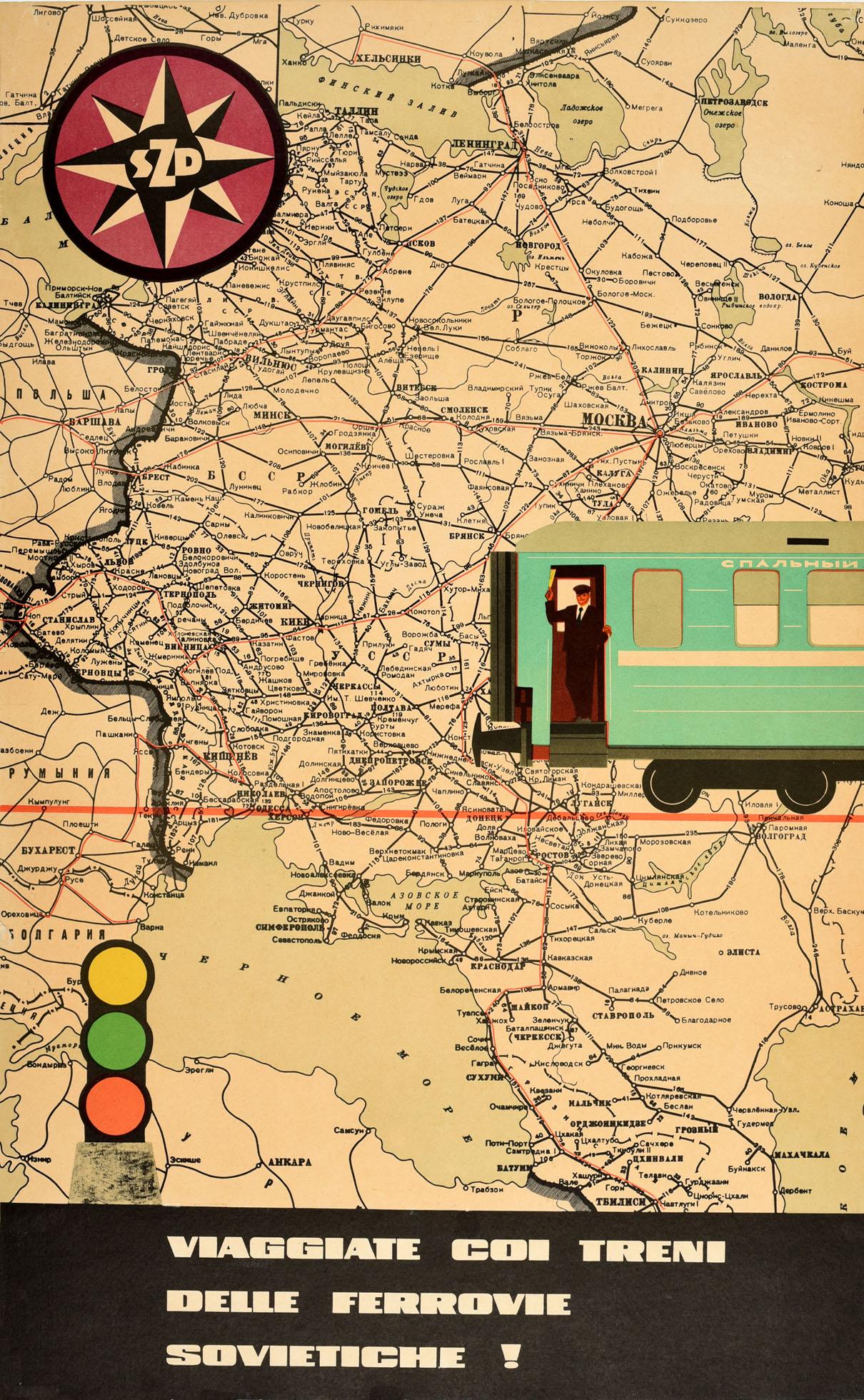 Unknown Print - Original Vintage Poster SZD Travel On Soviet Railways Trains USSR Map Design