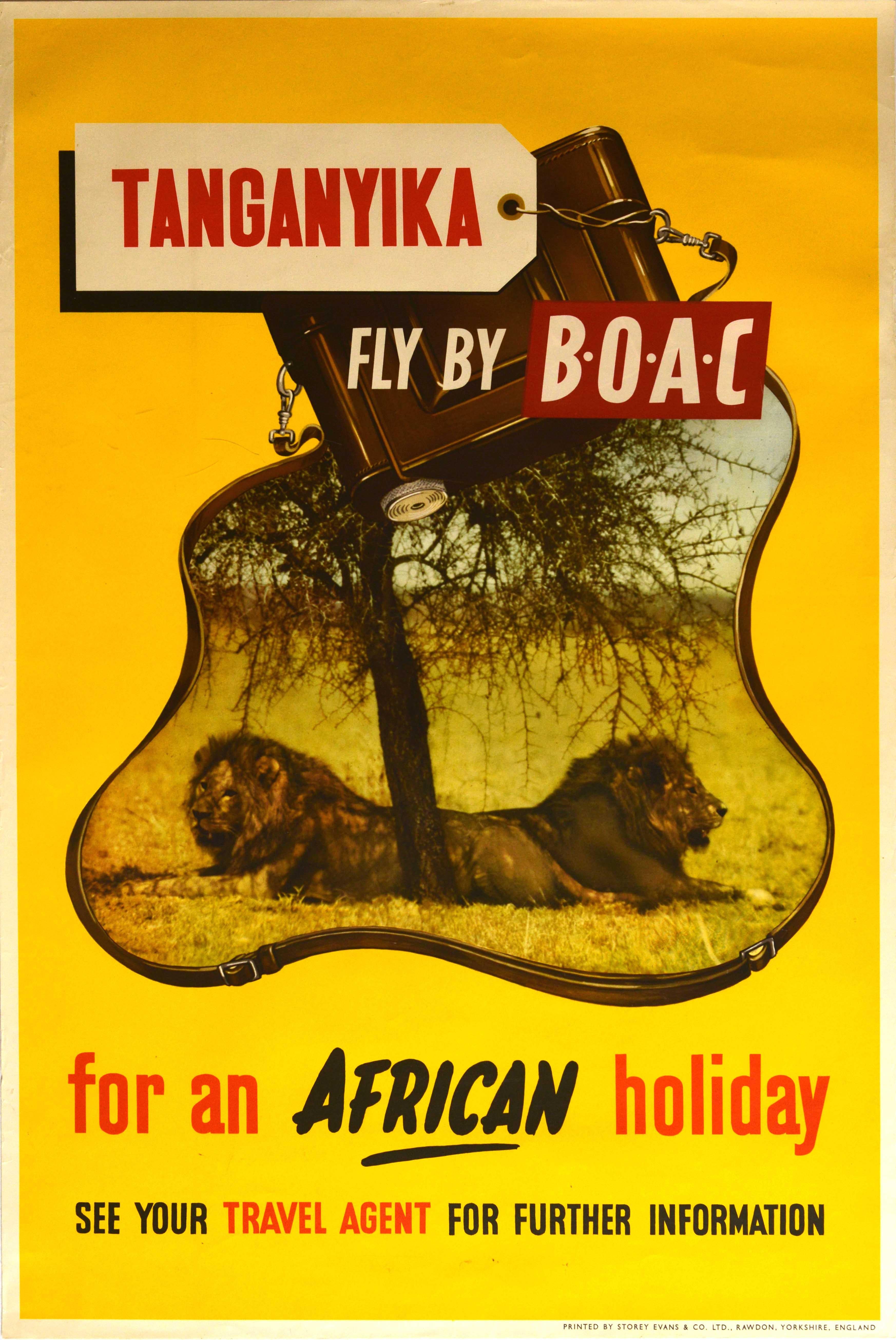 Unknown Print - Original Vintage Poster Tanganyika Fly By BOAC Africa Holiday Lion Safari Travel