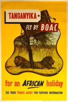 Original Vintage Poster Tanganyika Fly By BOAC Africa Holiday Lion Safari Travel