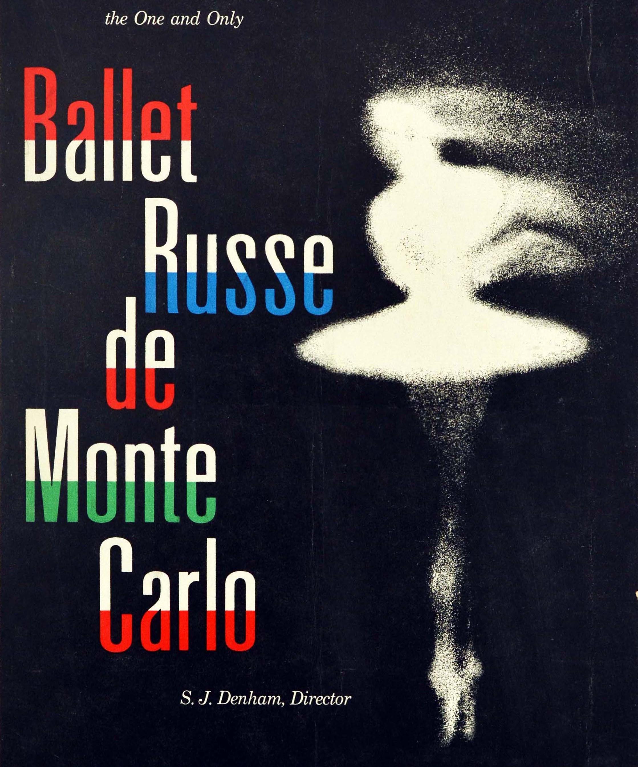 Original-Plakat für das einzige Ballet Russe de Monte Carlo unter der Leitung von S. J. Denham (Sergei Ivanovich Dokouchaiev; 1897-1970) im California Oakland Auditorium Theatre am Mittwoch, den 7. Februar um 20:30 Uhr. Das Plakat zeigt die