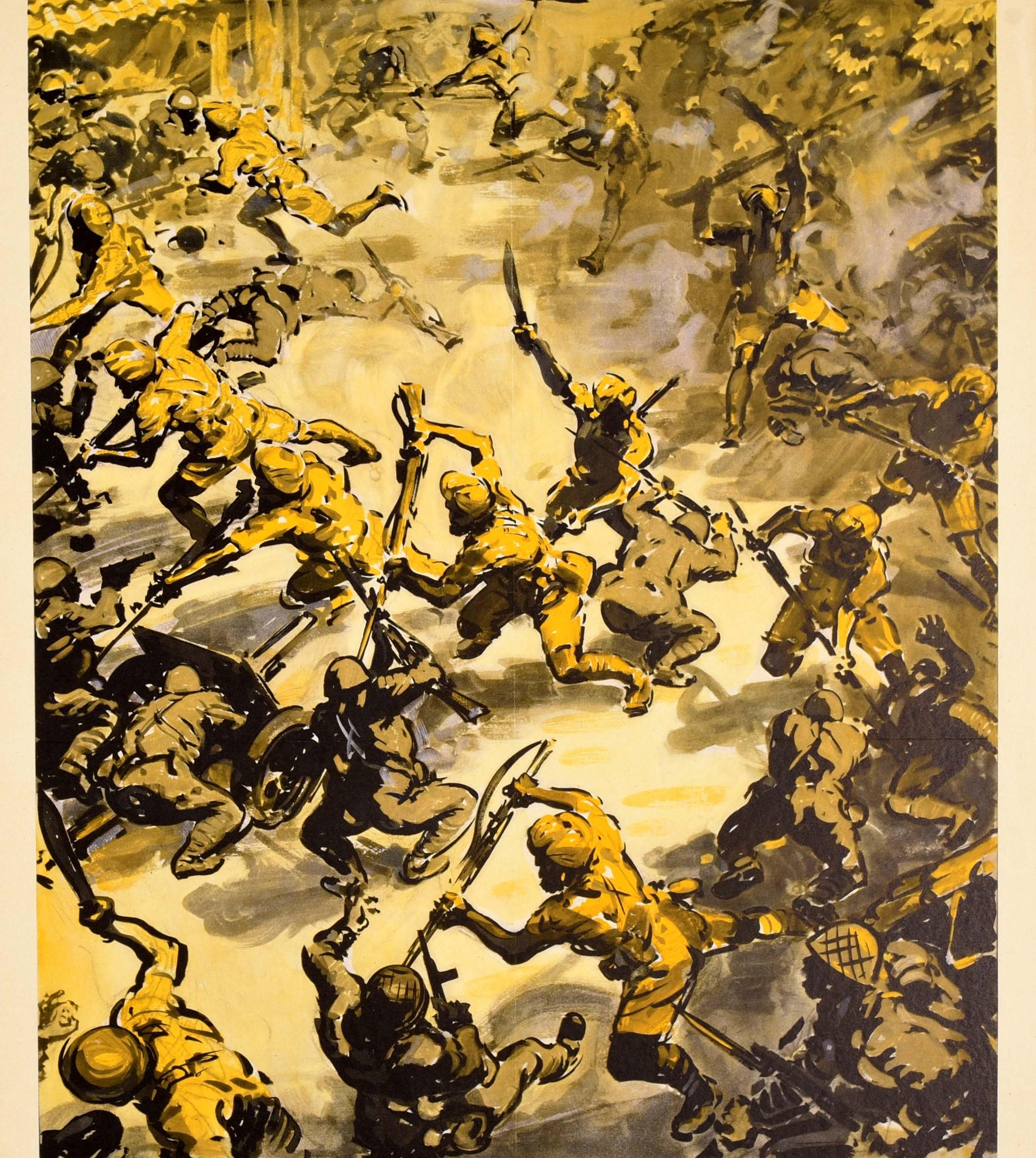 Cartel de propaganda original de época de la Segunda Guerra Mundial - El asalto de Shwegyin por las tropas indias. En seis horas de feroz lucha cuerpo a cuerpo, la ciudad quedó libre de tropas japonesas. ¡Aplasta la agresión japonesa! - con soldados