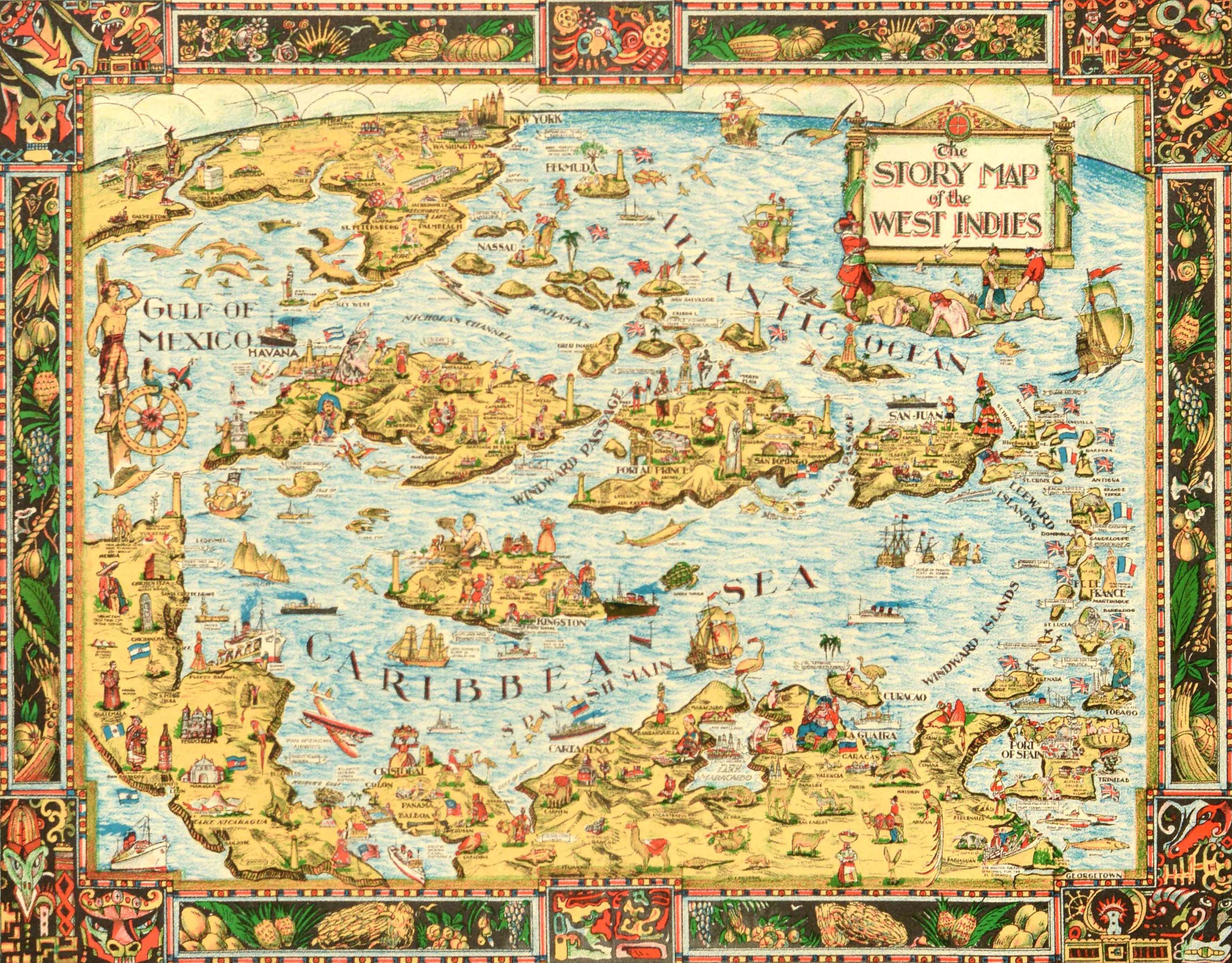 Póster Original Vintage El Mapa De La Historia De Las Indias Occidentales Motivo Artesanal Nativo - Print de Unknown