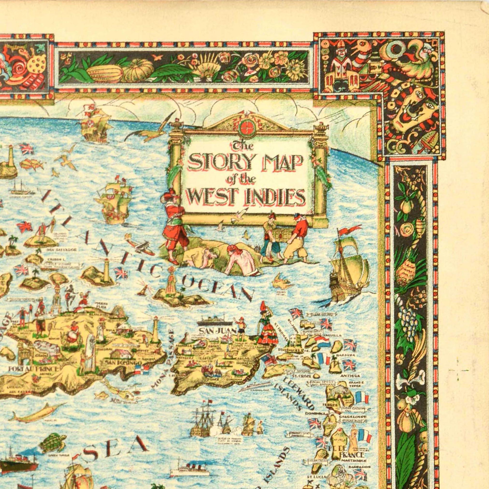 Póster original de época - El Mapa de la Historia de las Antillas - con un colorido mapa ilustrado de las islas situadas en el Golfo de México, el Mar Caribe y el Océano Atlántico en el que se señalan las islas, ciudades, pasos marítimos y canales,