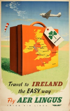 Original Vintage Poster Travel To Ireland The Easy Way Fly Aer Lingus Route Map
