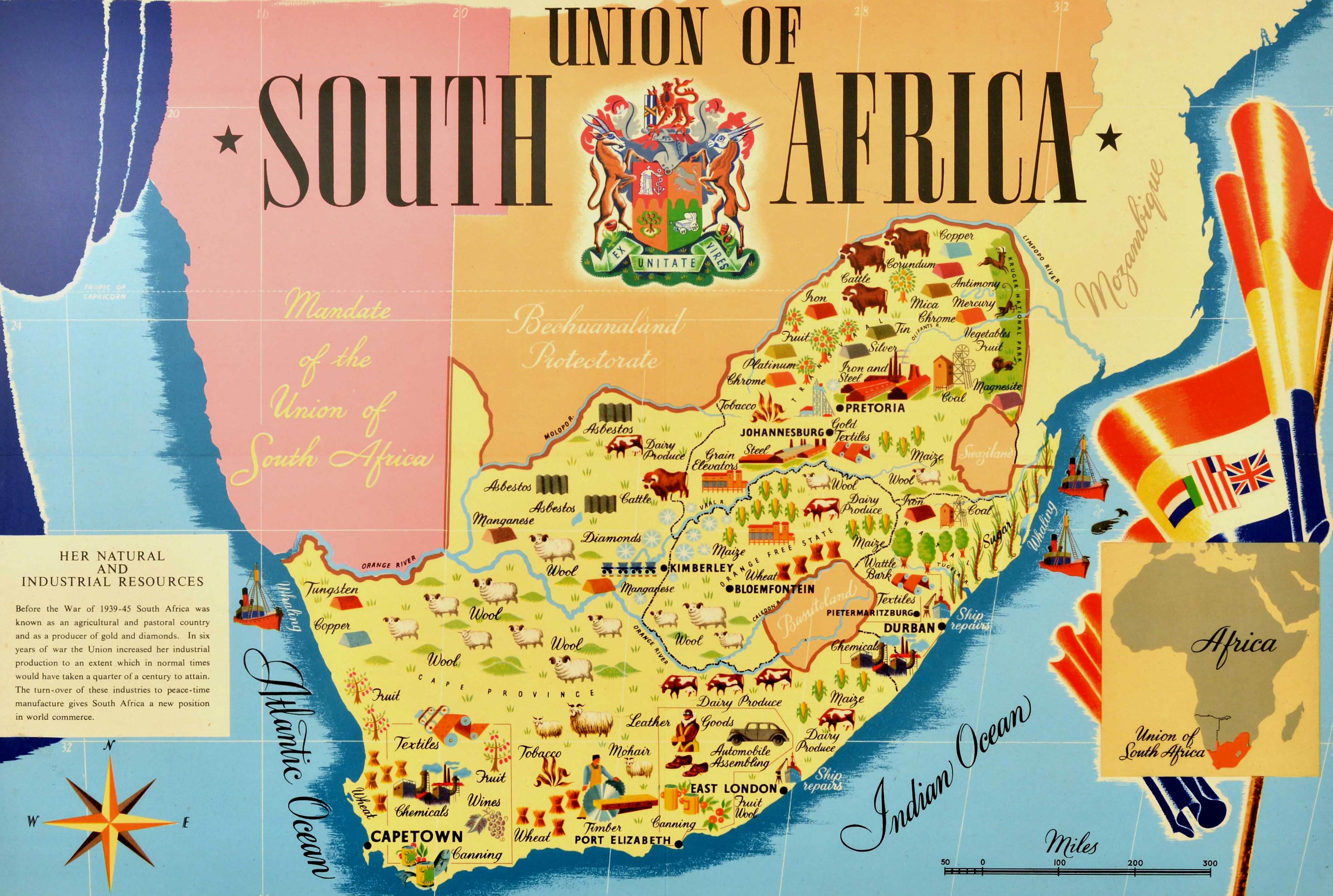 Original vintage illustré poster de carte pour l'Union de l'Afrique du Sud Ses ressources naturelles et industrielles mettant en vedette des images colorées des principales villes, y compris Le Cap, Pretoria et Johannesburg avec les différents