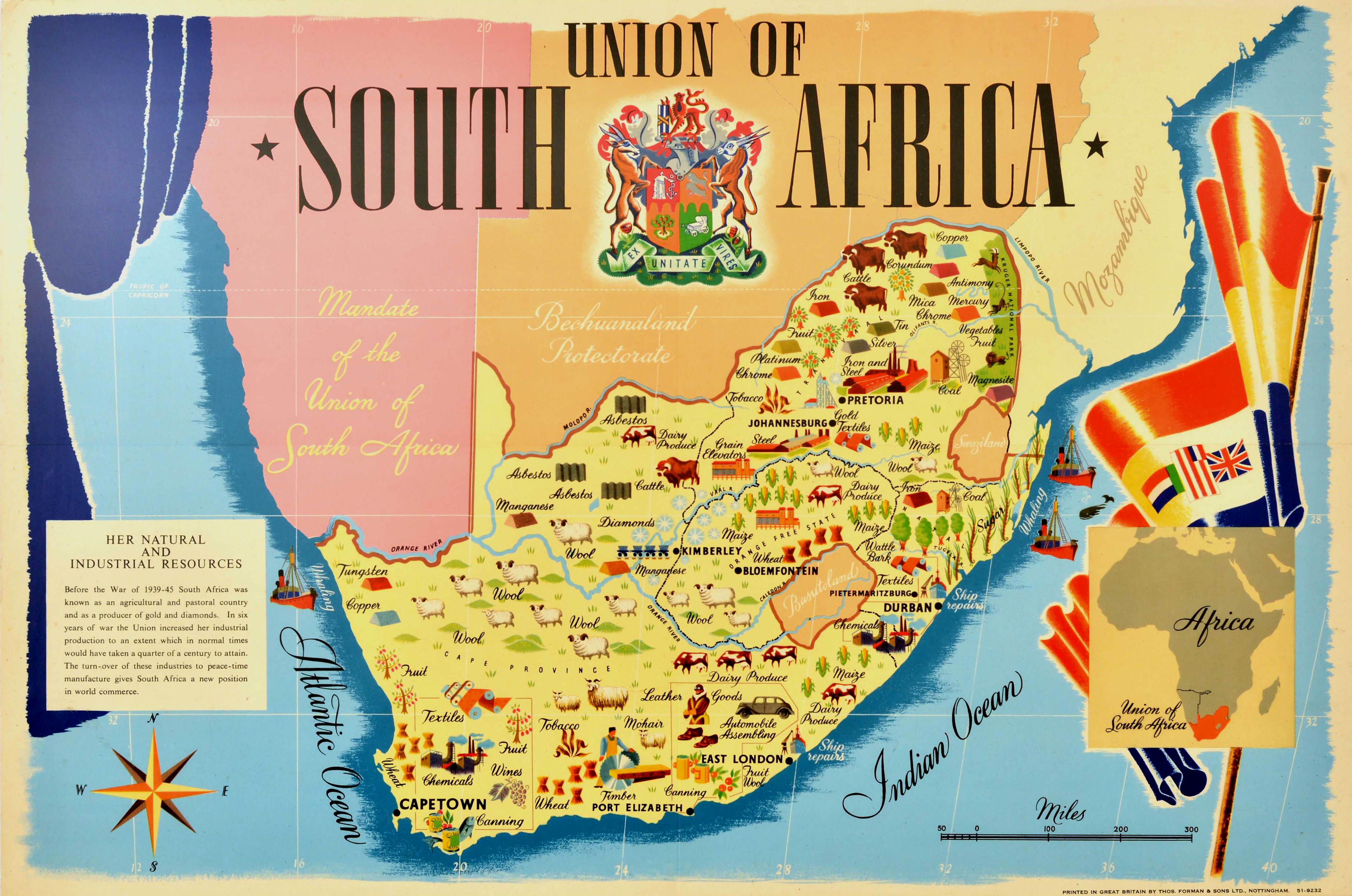 Print Unknown - Affiche vintage d'origine Union Of South Africa, Carte des ressources naturelles et industrielles