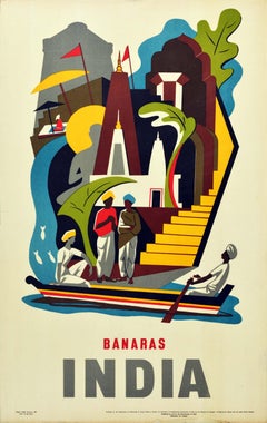 Original Vintage Poster Varanasi Banaras India River Ganges Ghat Asia Travel Art