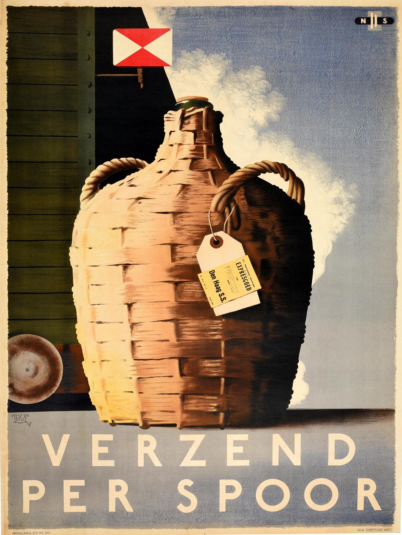 Unknown Print - Original Vintage Poster Verzend Per Spoor Express Goods By Rail Wine Den Haag