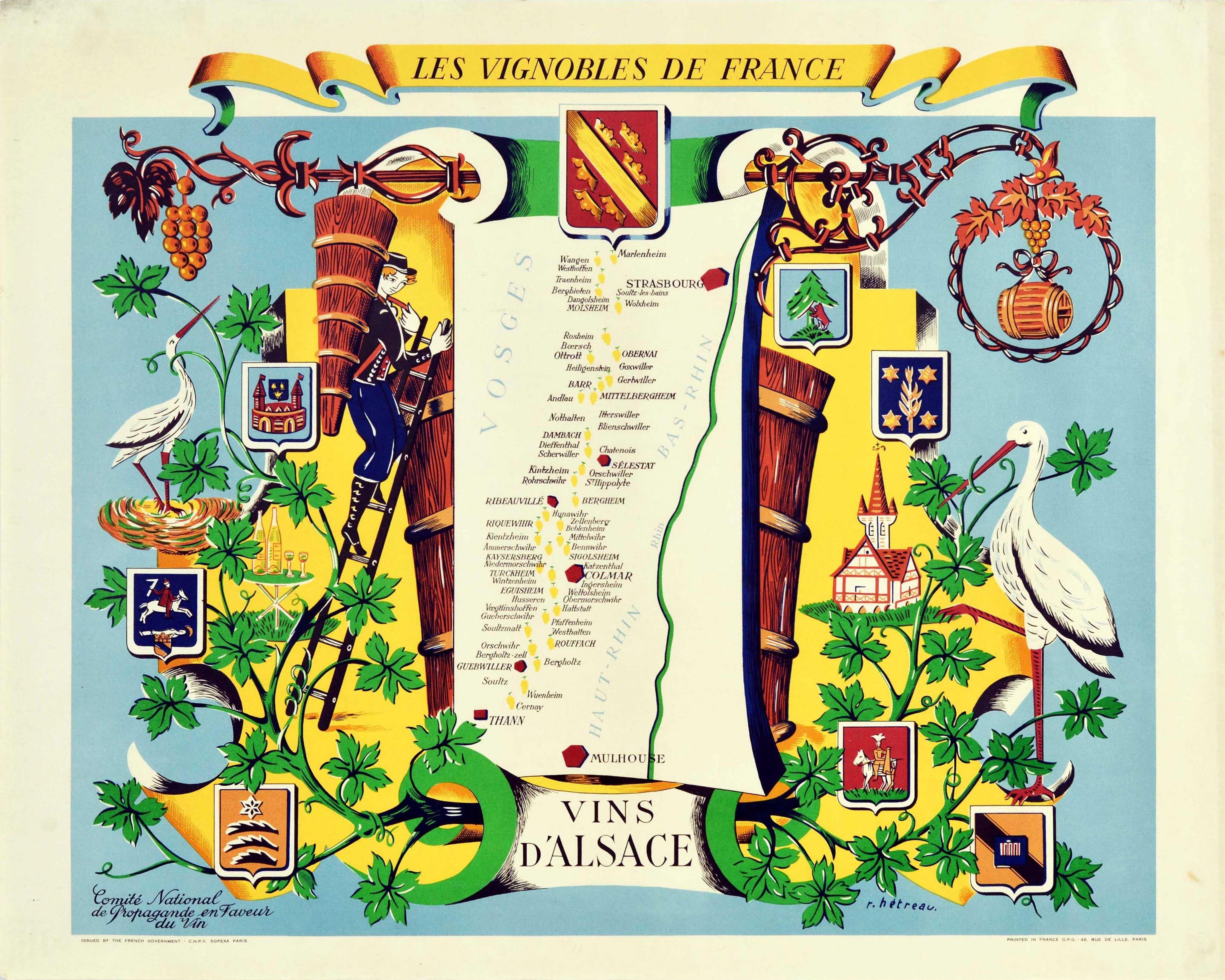 Unknown Print - Original Vintage Poster Vignobles De France Vineyards Vins D'Alsace Wine Map Art