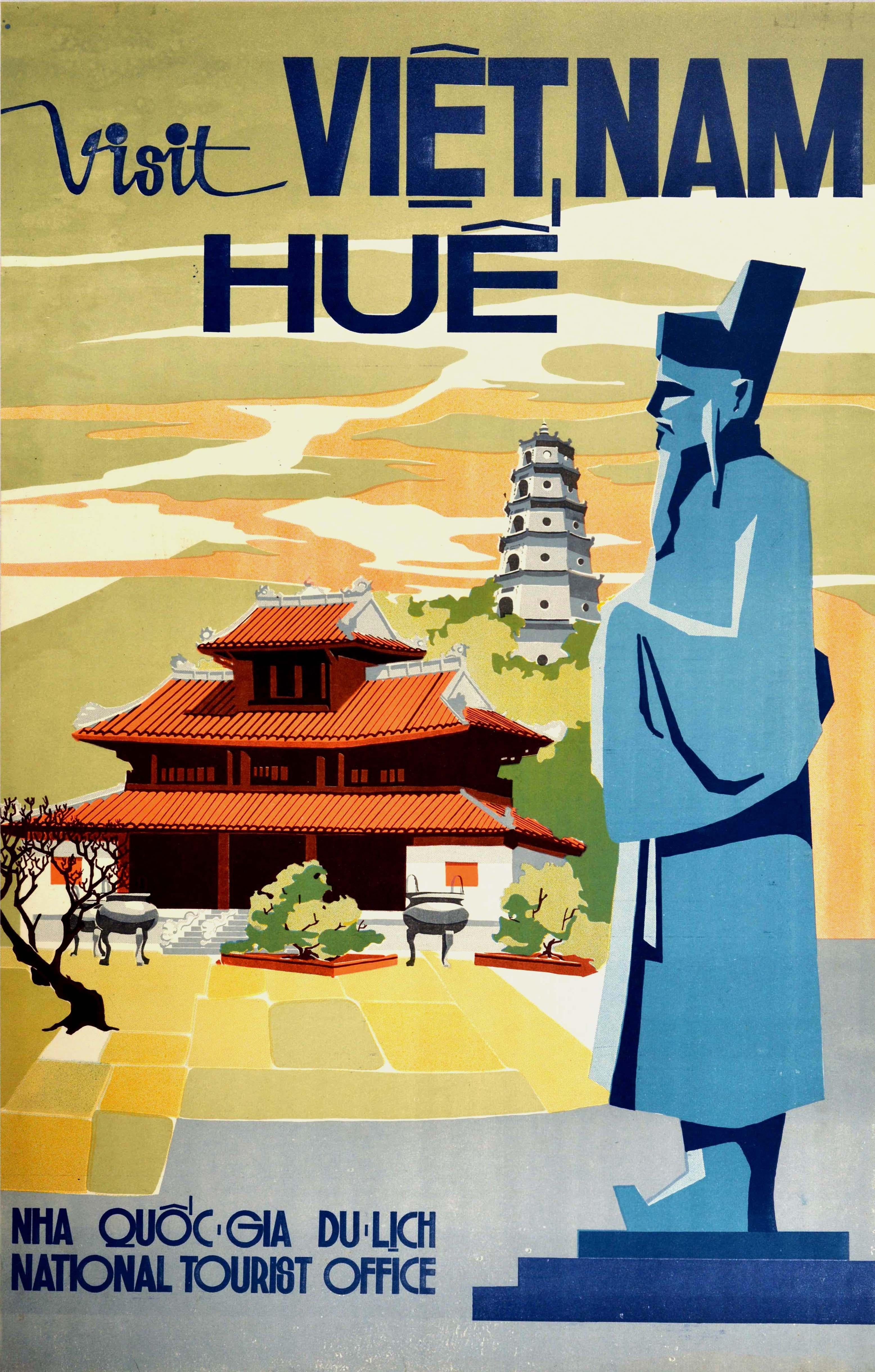 Unknown Print - Original Vintage Poster Visit Vietnam Hue Khai Dinh Statue Pagoda Palace Travel 