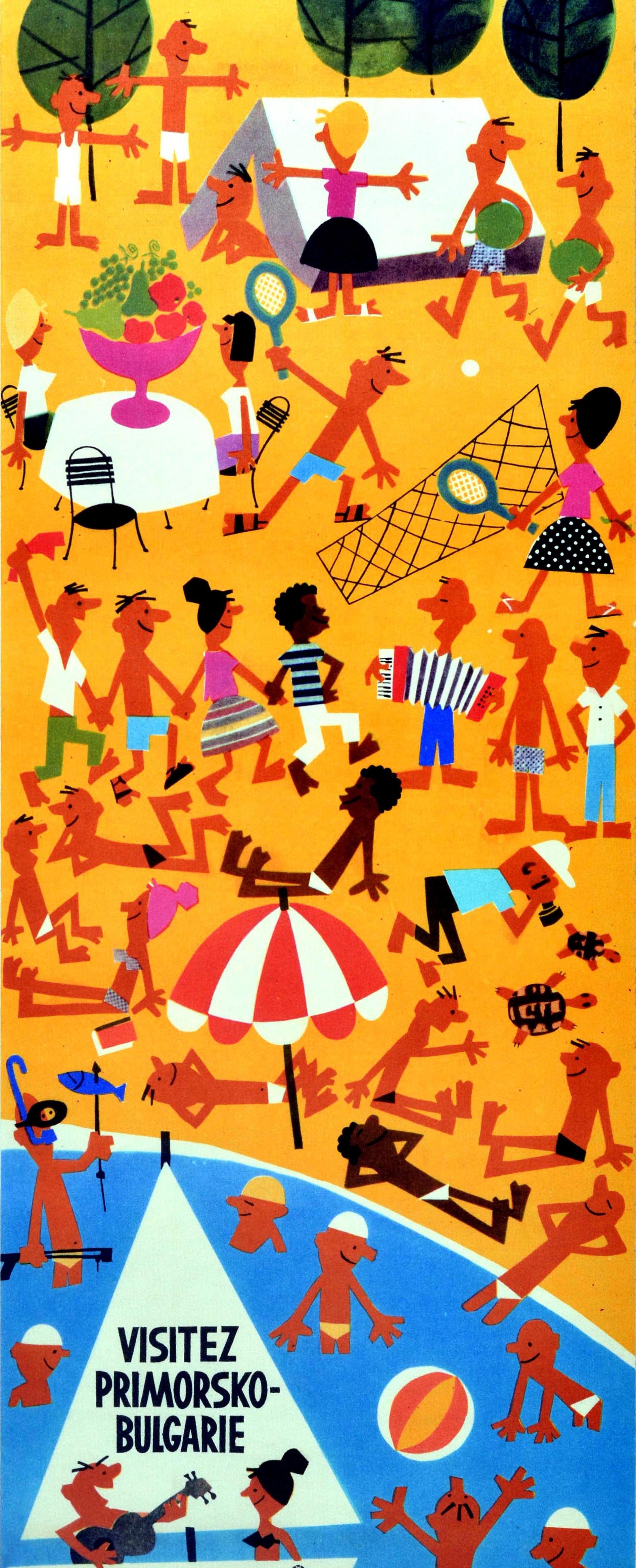 Original vintage travel poster - Visitez Primorsko Bulgarie - inviting tourists to visit the seaside resort town of Primorsko on the Black Sea in south east Bulgaria featuring fun and colourful artwork of people enjoying their holiday in the sun