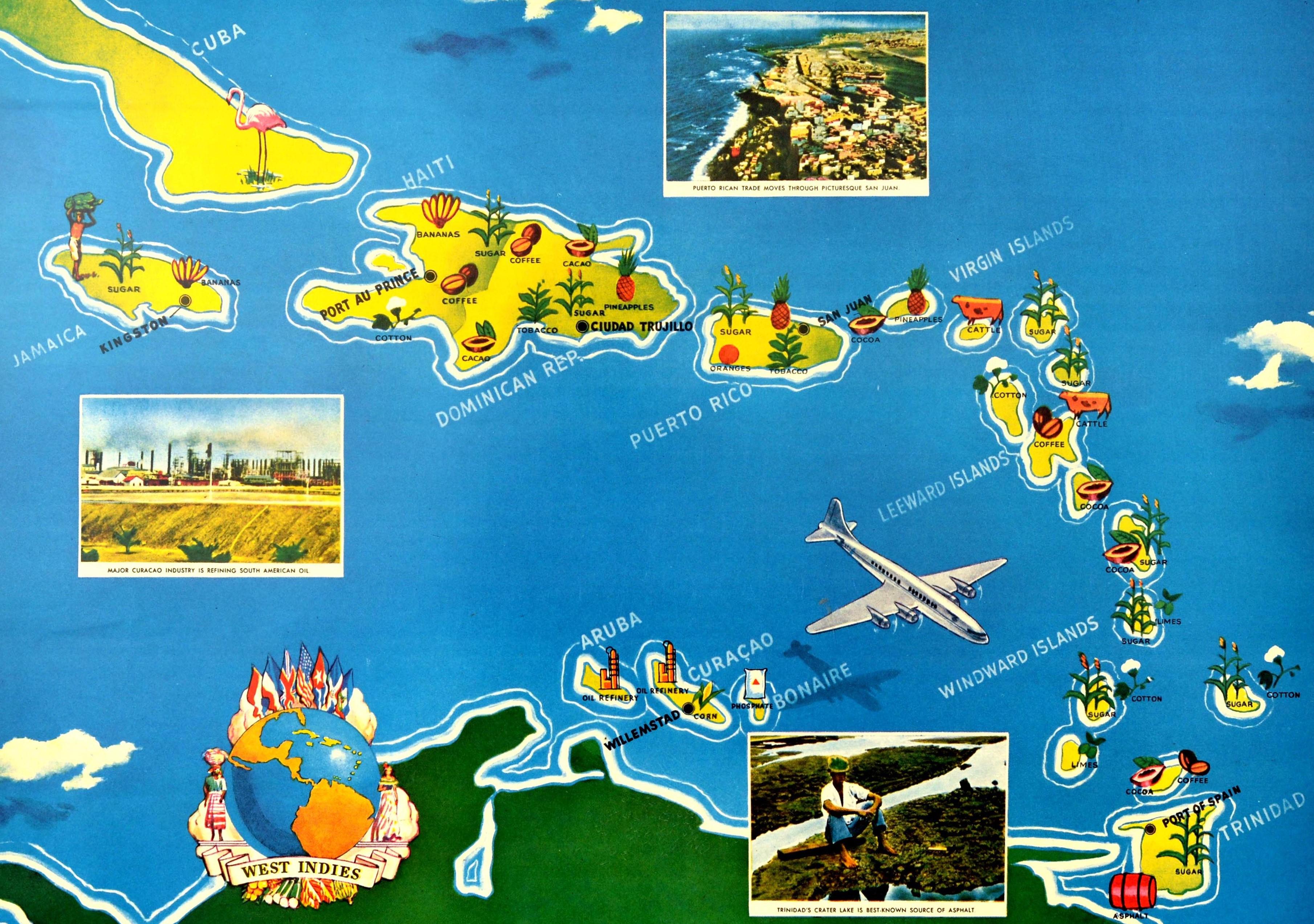 Original Vintage Poster West Indies Pan American Airways Educational Travel Map - Print by Unknown
