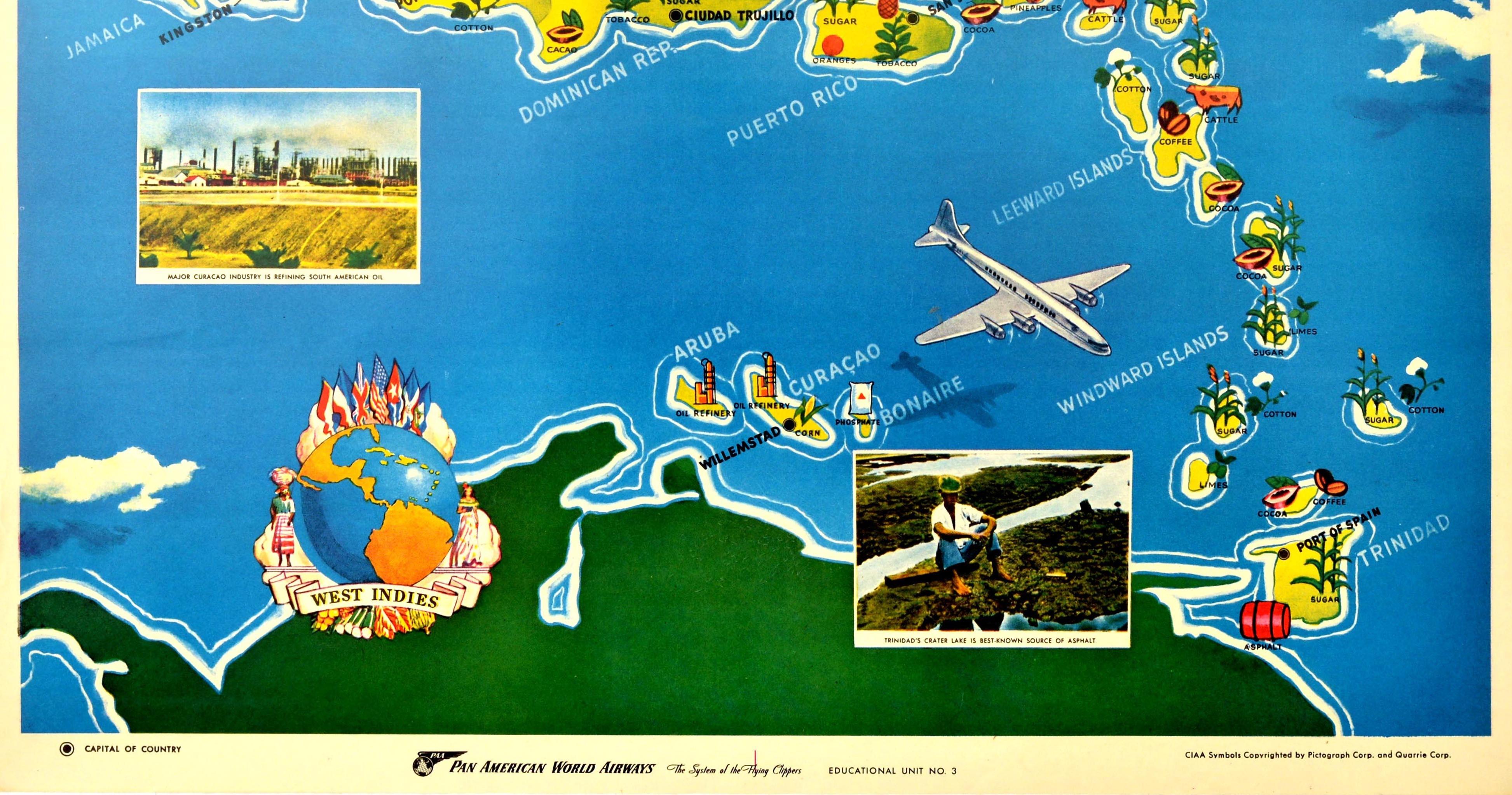Original Vintage Poster West Indies Pan American Airways Educational Travel Map - Blue Print by Unknown