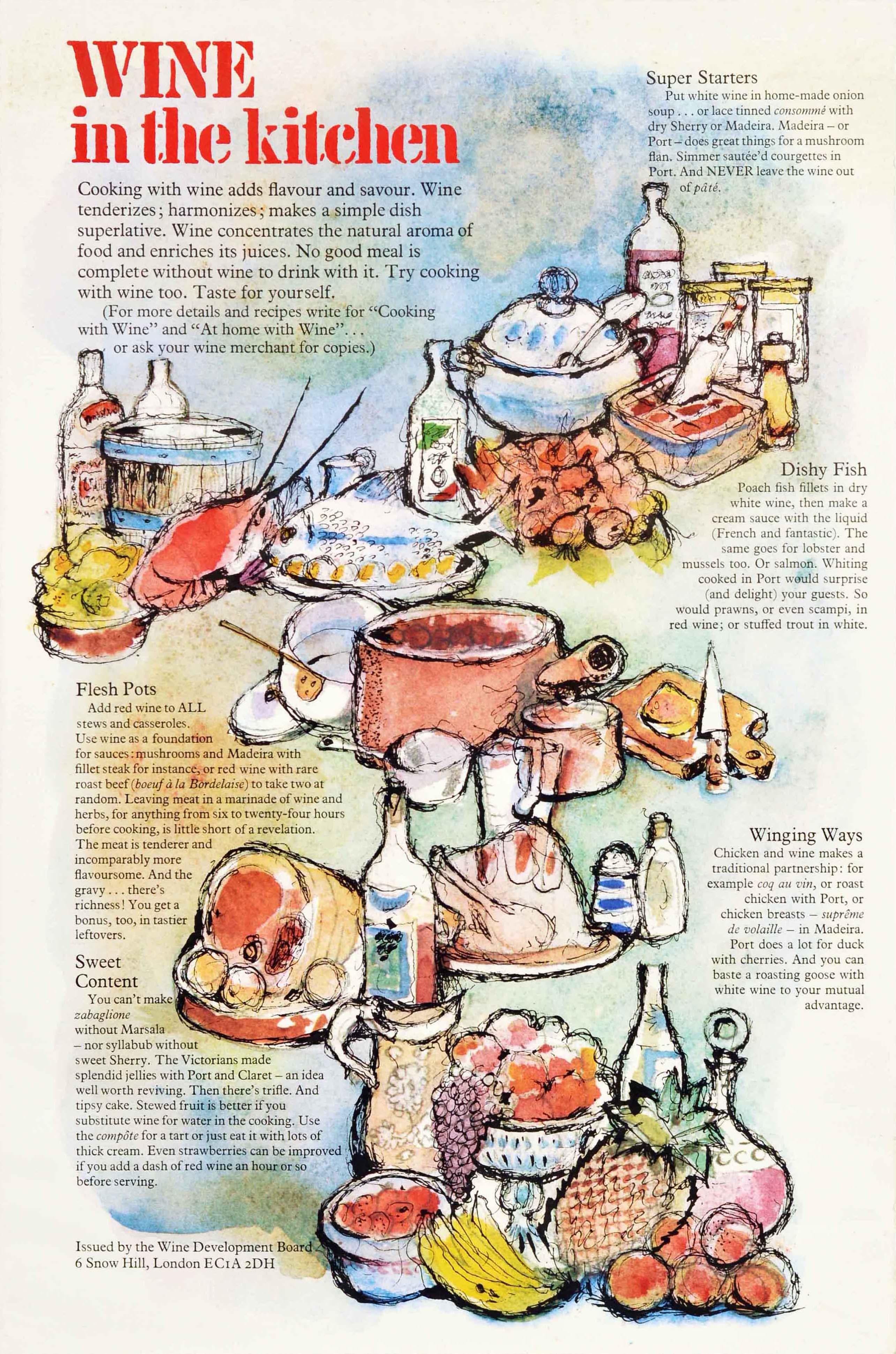 Unknown Print - Original Vintage Poster Wine In The Kitchen Cooking Food Fruit Illustration Art