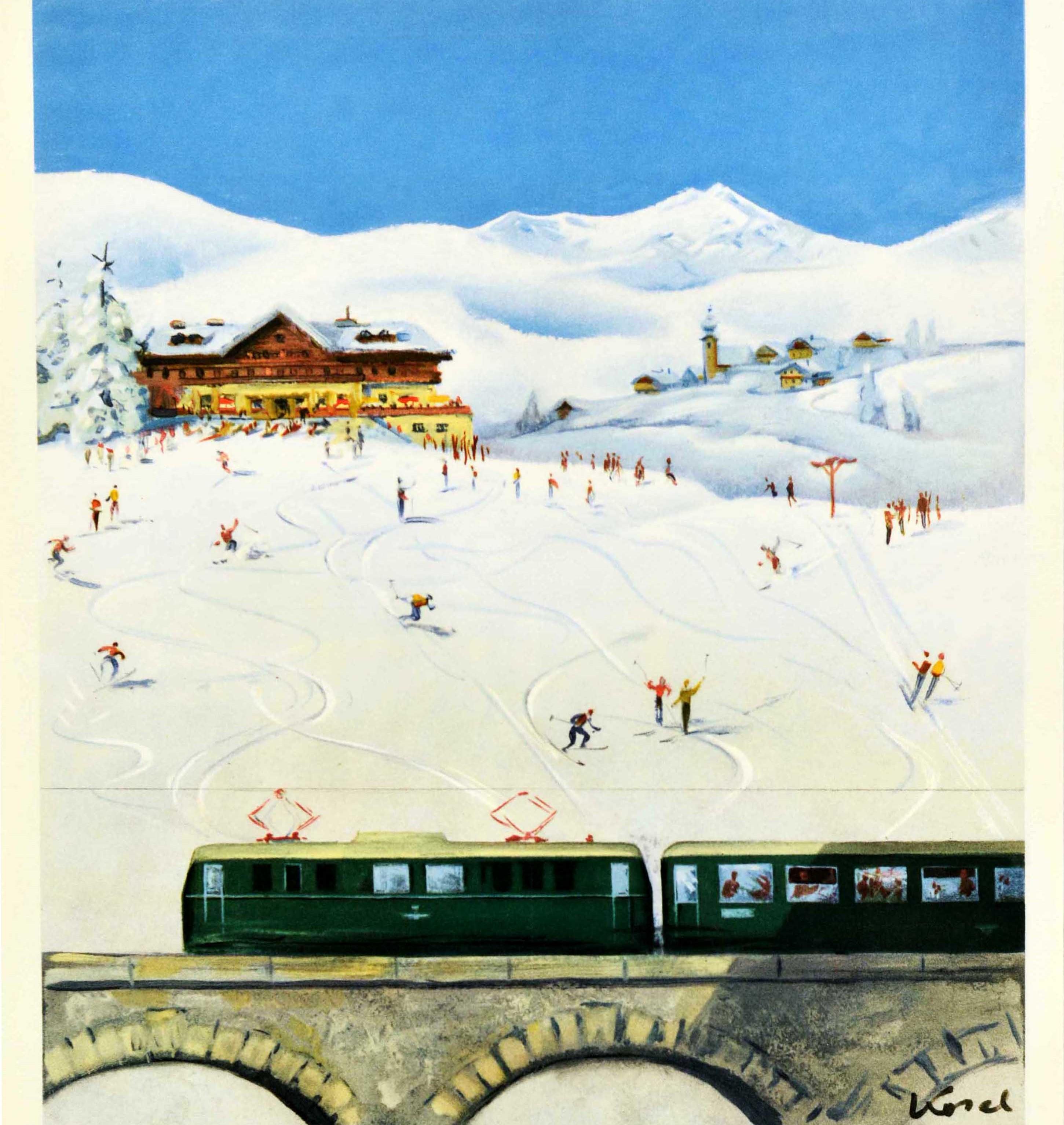 Original vintage winter sport and ski travel poster - Autriche OBB Chemins de Fer Federaux Autrichiens / Austria OBB Austrian Federal Railways - featuring skiers on a snowy hill skiing down and taking a drag lift up on the side in front of a snow