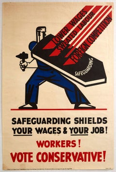 Original Vintage Poster Workers Vote Conservative Elections Political Propaganda