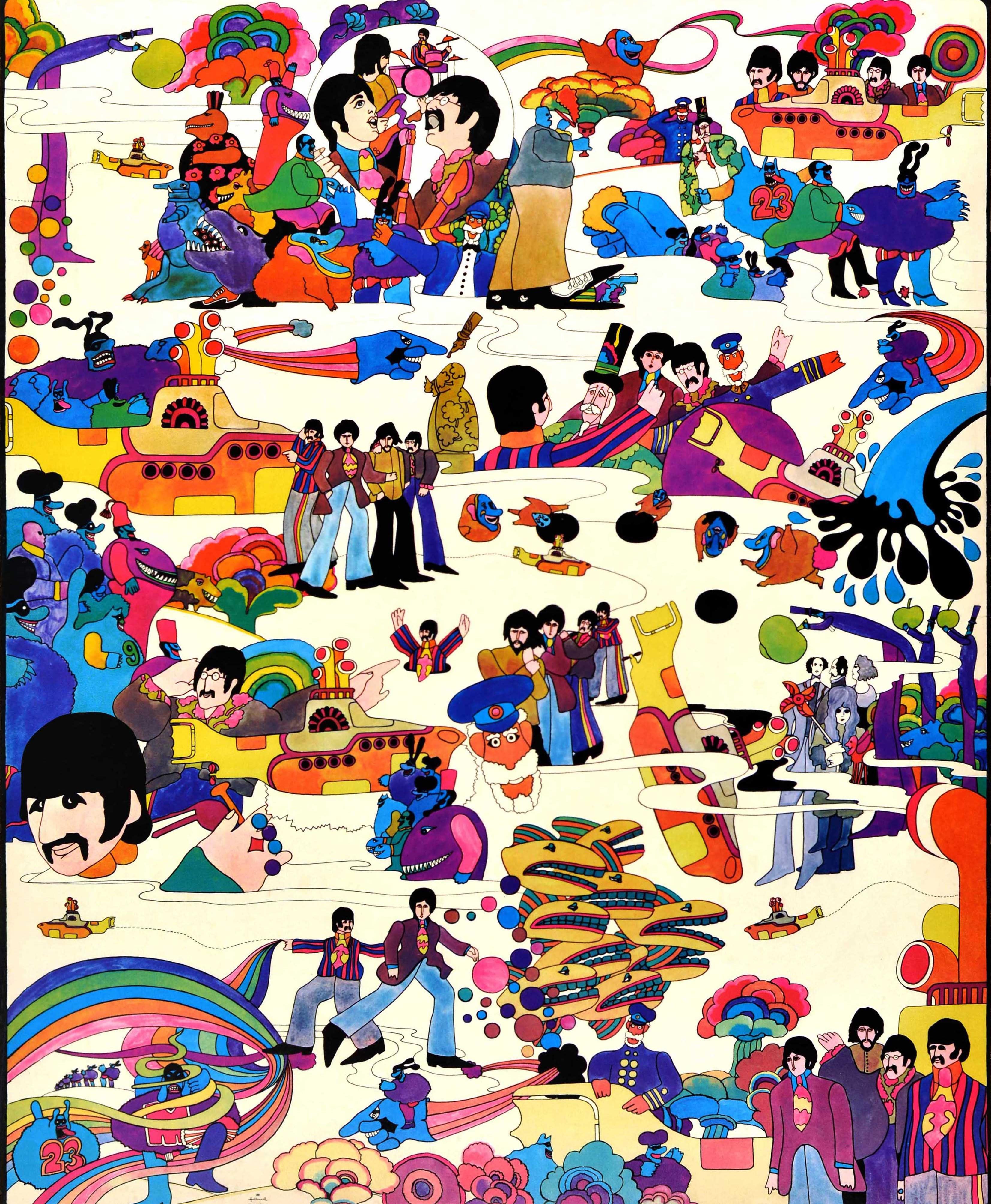 Original-Musikfilmplakat von Hallmark für den Animationsfilm Yellow Submarine mit der Sgt. Pepper's Lonely Hearts Club Band, der auf einem Song von John Lennon und Paul McCartney basiert und die Musik der Beatles (John Lennon, Paul McCartney, George