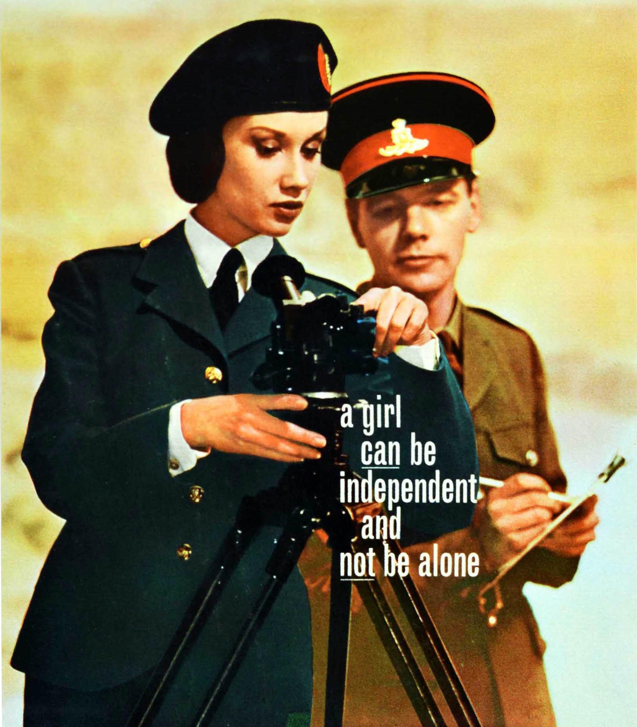 Original vintage military recruitment poster for the Women's Royal Army Corps (1949-1992): You'll Be Happy In The WRAC featuring a new recruit in smart uniform being assessed on equipment use by an army officer with a clipboard behind her, the