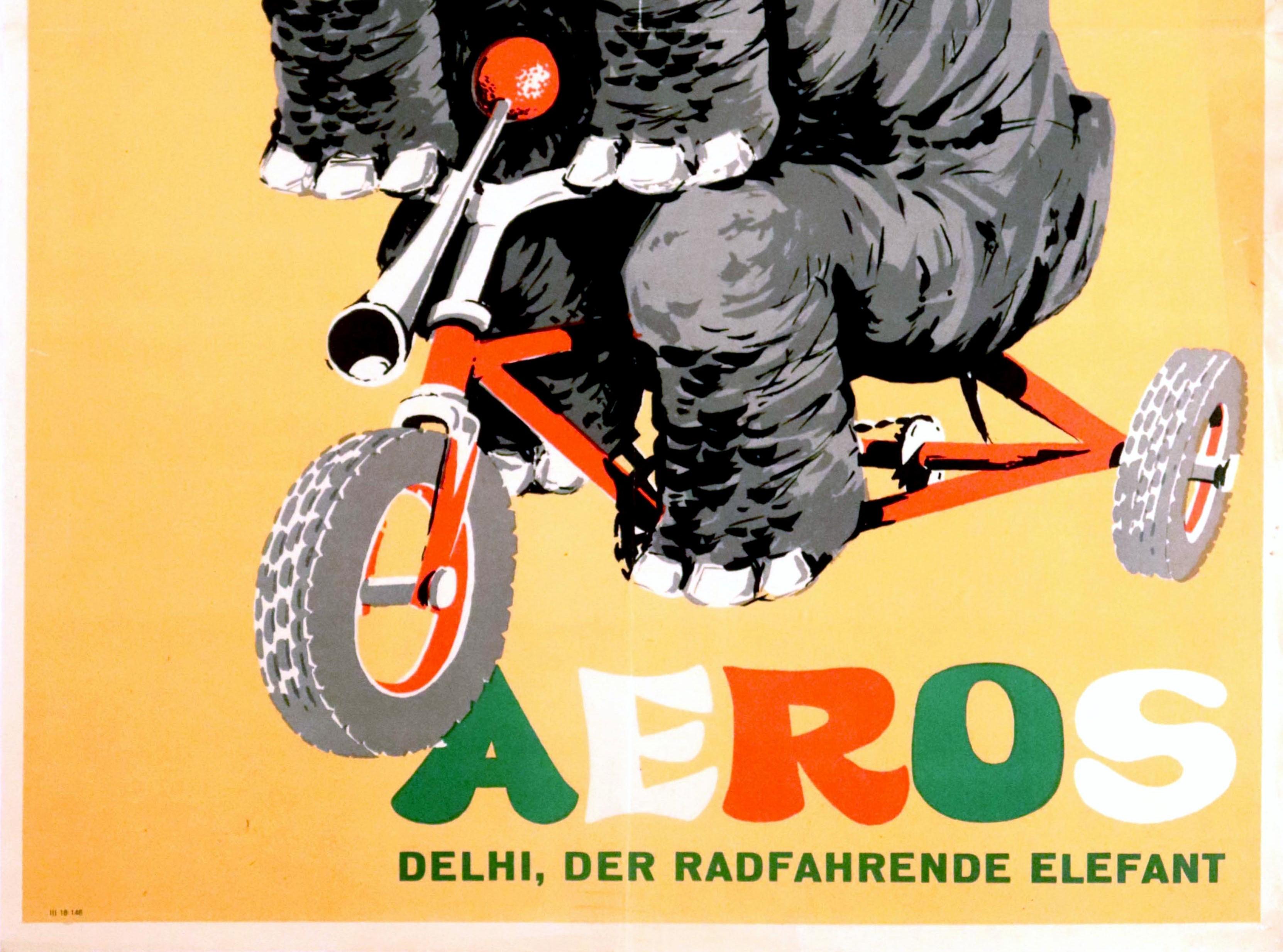 Original Vintage-Poster Zirkus Aeros Eros Zirkus Circus Ft. Delhi The Cycling Elephant, Delhi (Orange), Print, von Unknown