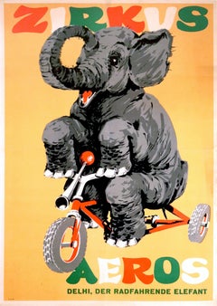 Affiche vintage originale Zirkus Aeros Eros Circus Ft. Delhi L'éléphant cycliste 