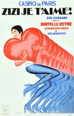 Affiche vintage d'origine Zizi Je T'Aime Casino De Paris Cabaret I Love You Heart