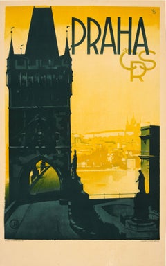 Original Vintage Prague Travel Poster Praha Czechoslovakia Old Town Bridge View