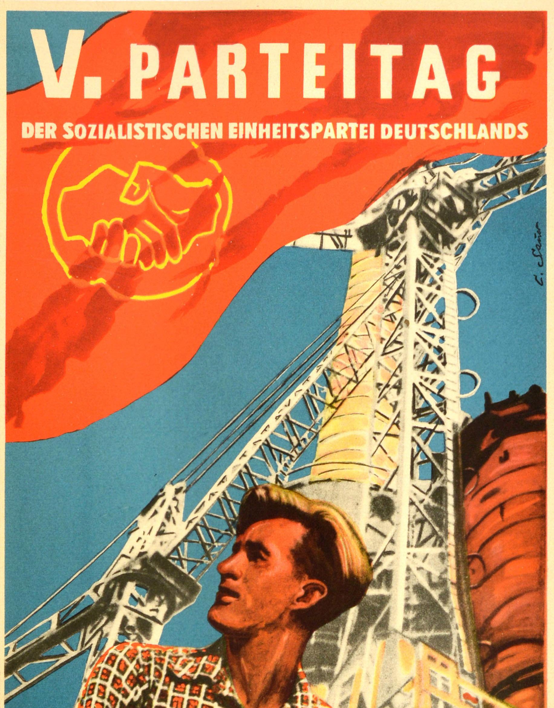 Original vintage political propaganda poster - V Parteitag Der Sozialistischen Einheitspartei Deutschlands Der Sozialismus Siegt / 5th Party Congress of the Socialist Unity Party of Germany Socialism Wins - featuring an industrial image showing a