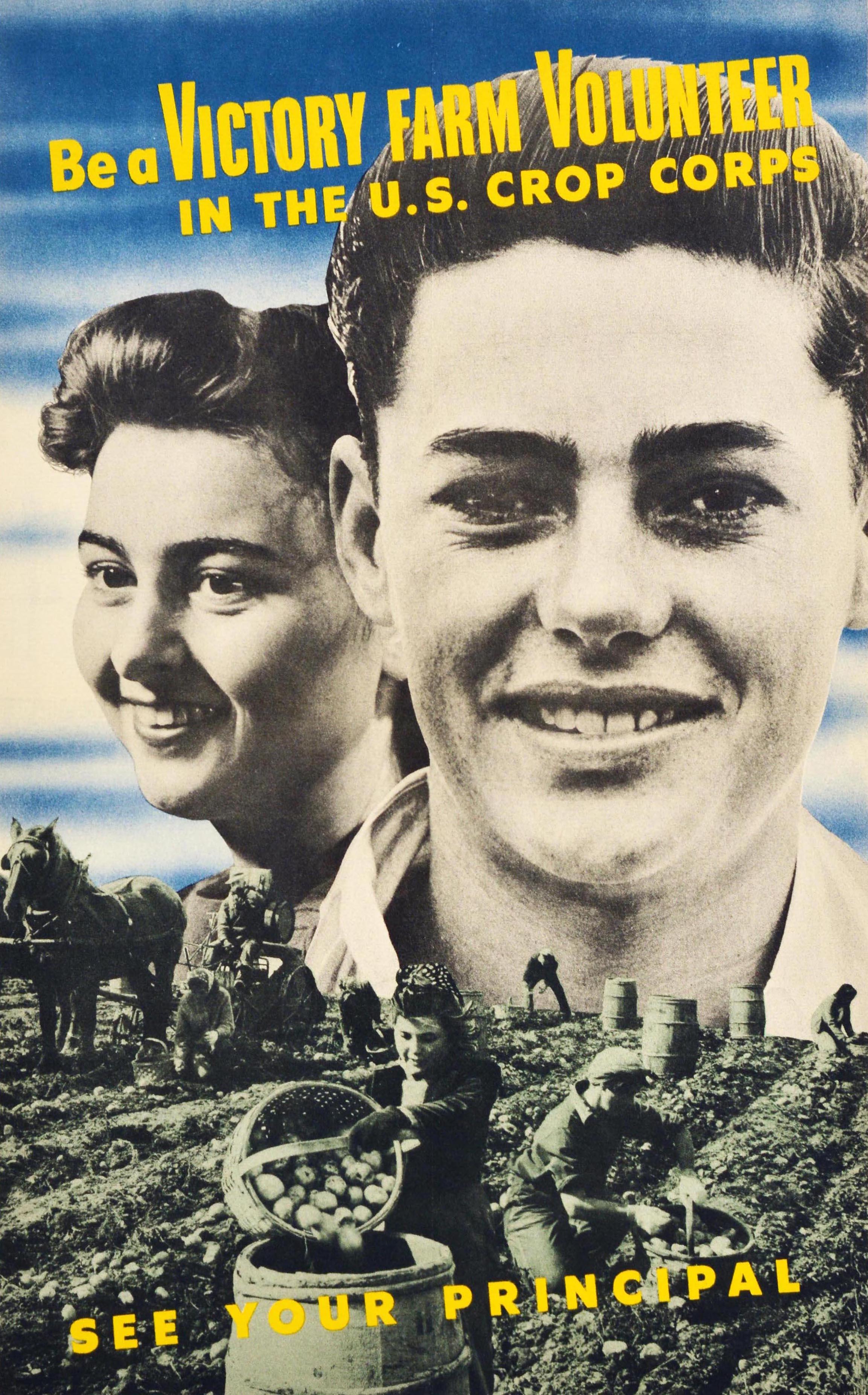 Poster propagandistico d'epoca Victory Farm Volunteer US Crop Corps WWII - Print di Unknown