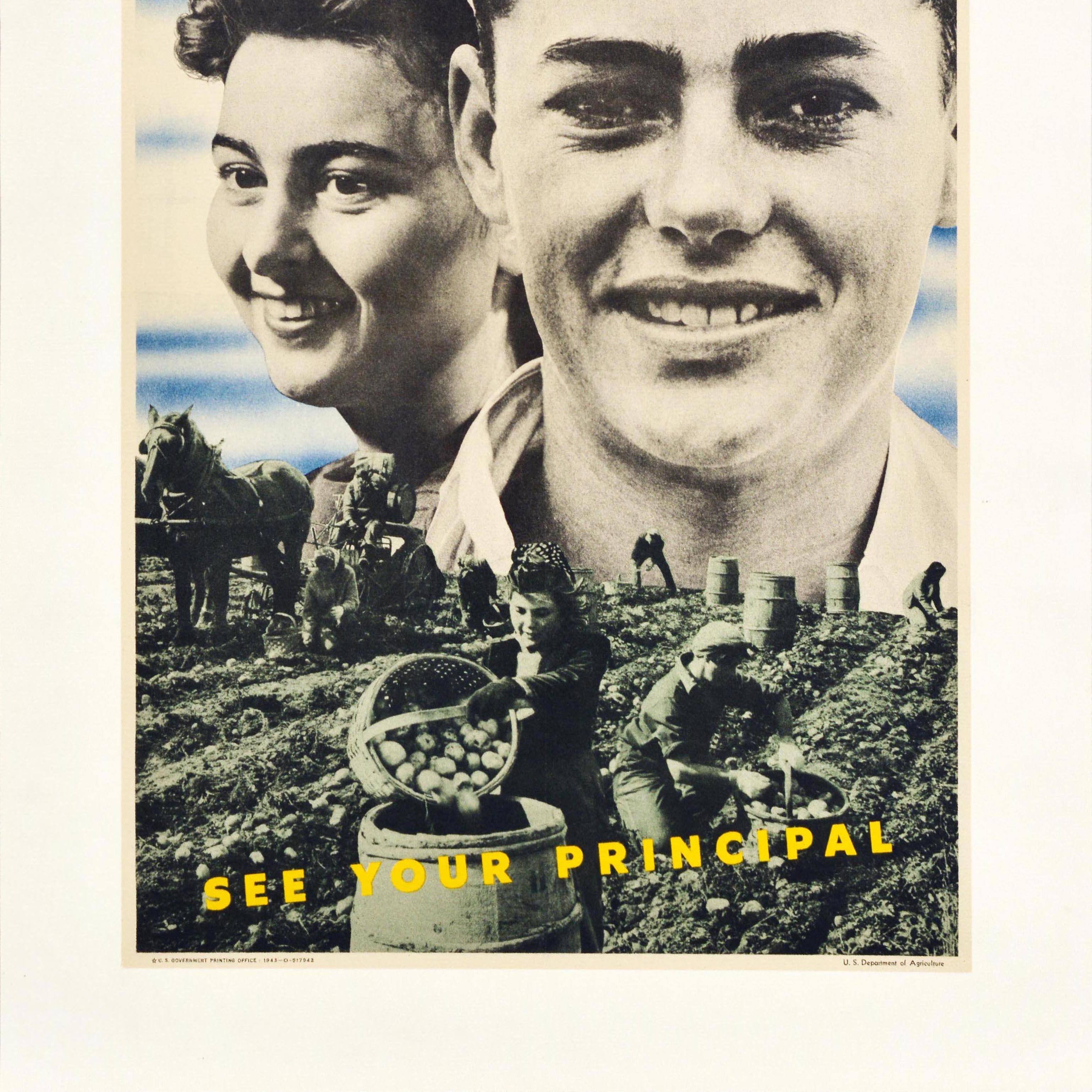 Poster di propaganda d'epoca per il fronte interno della Seconda Guerra Mondiale - Be a Victory Farm Volunteer in the U.S. Crop Corps See Your Principals - con un fotomontaggio di persone che lavorano in un campo con macchinari trainati da cavalli e