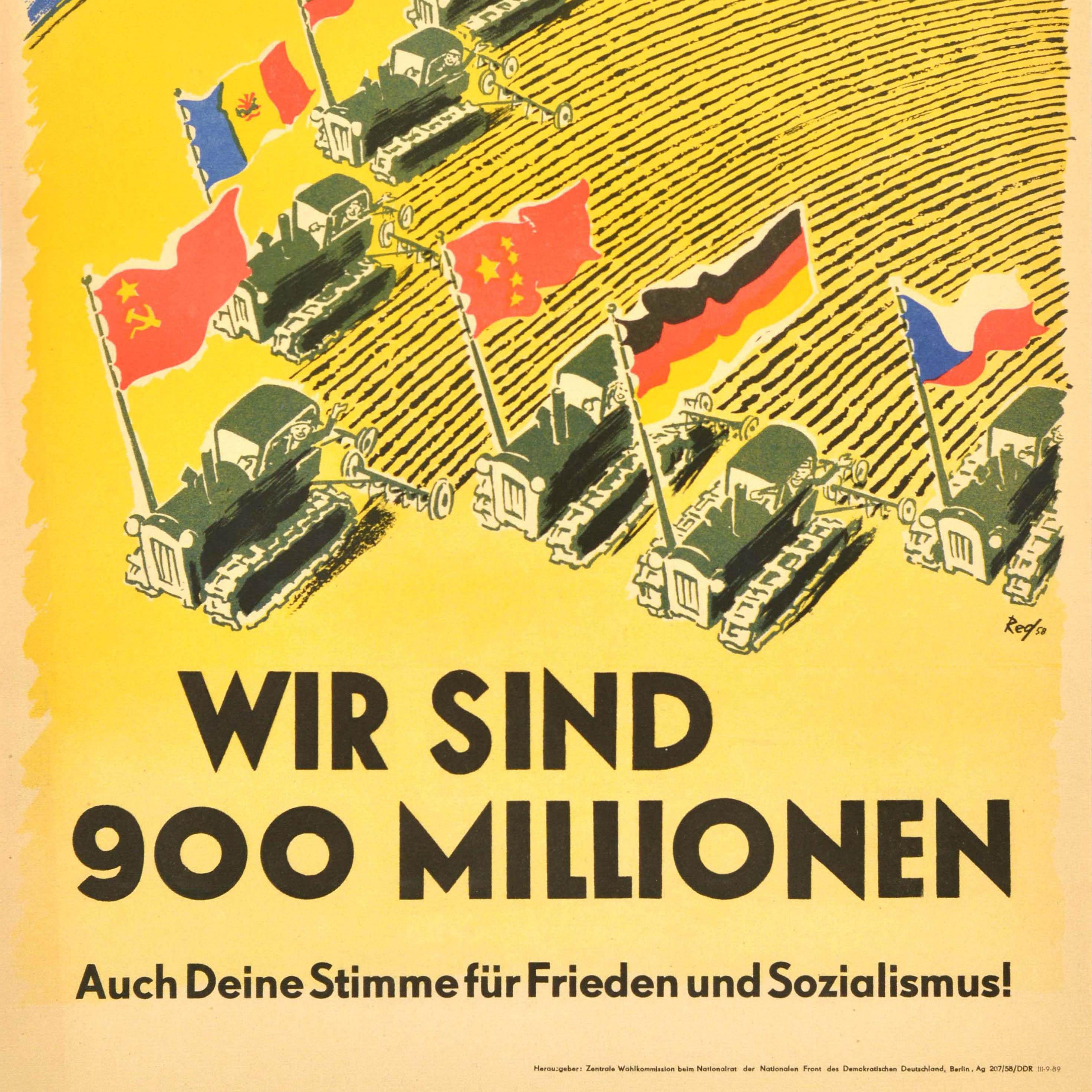 Original vintage East German political propaganda poster - Wir sind 900 millionen Auch deine stimme fur frieden und sozialismus! / We are 900 million Also your vote for peace and socialism - featuring an illustration of tractors farming the curve of