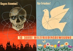Original Vintage Cartel de Propaganda Movimiento Mundial por la Paz Nuclear Muerte Paloma Calavera