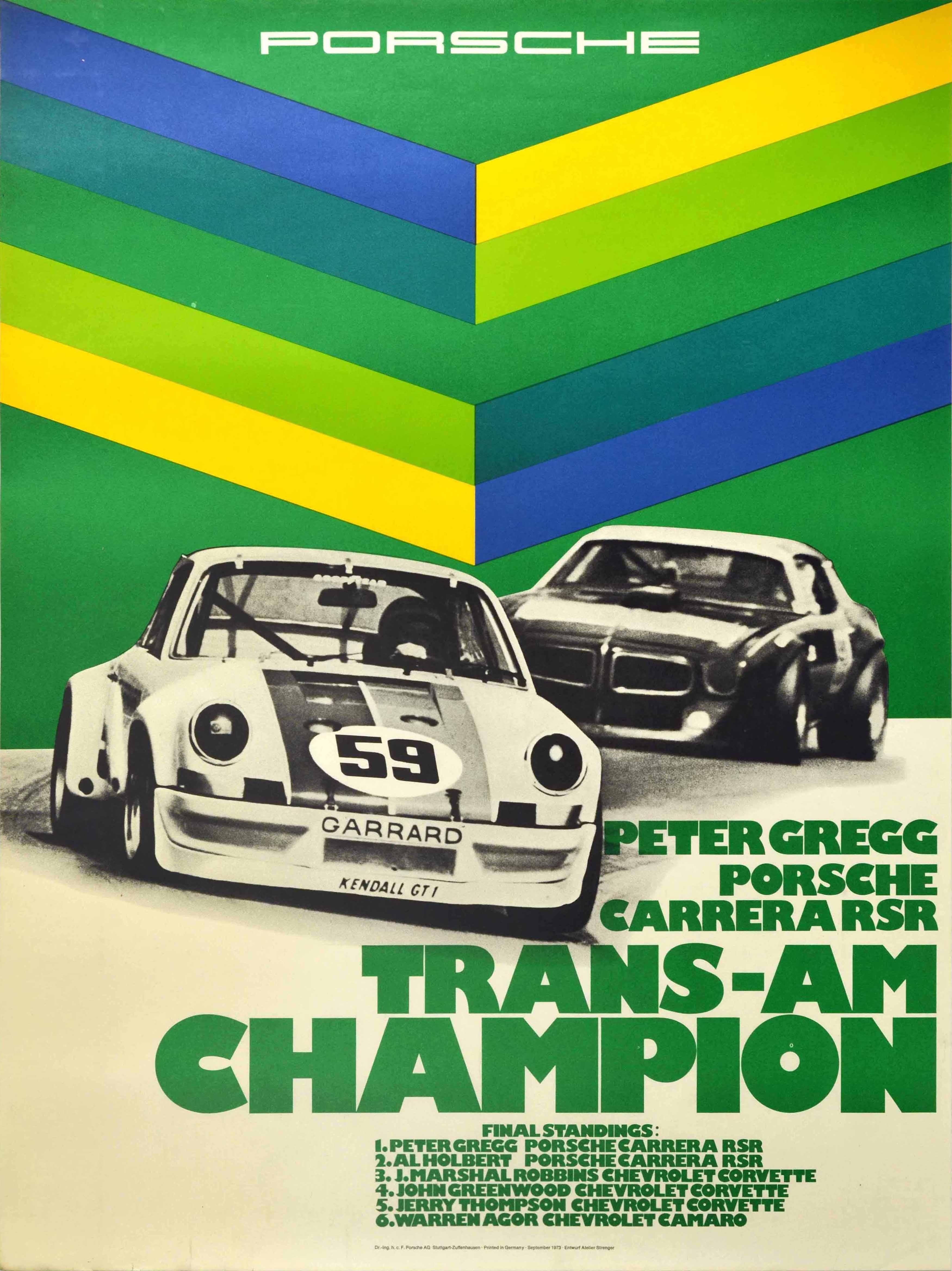 Original Vintage Racing Poster Peter Gregg Porsche Carrera RSR Trans-Am Champion