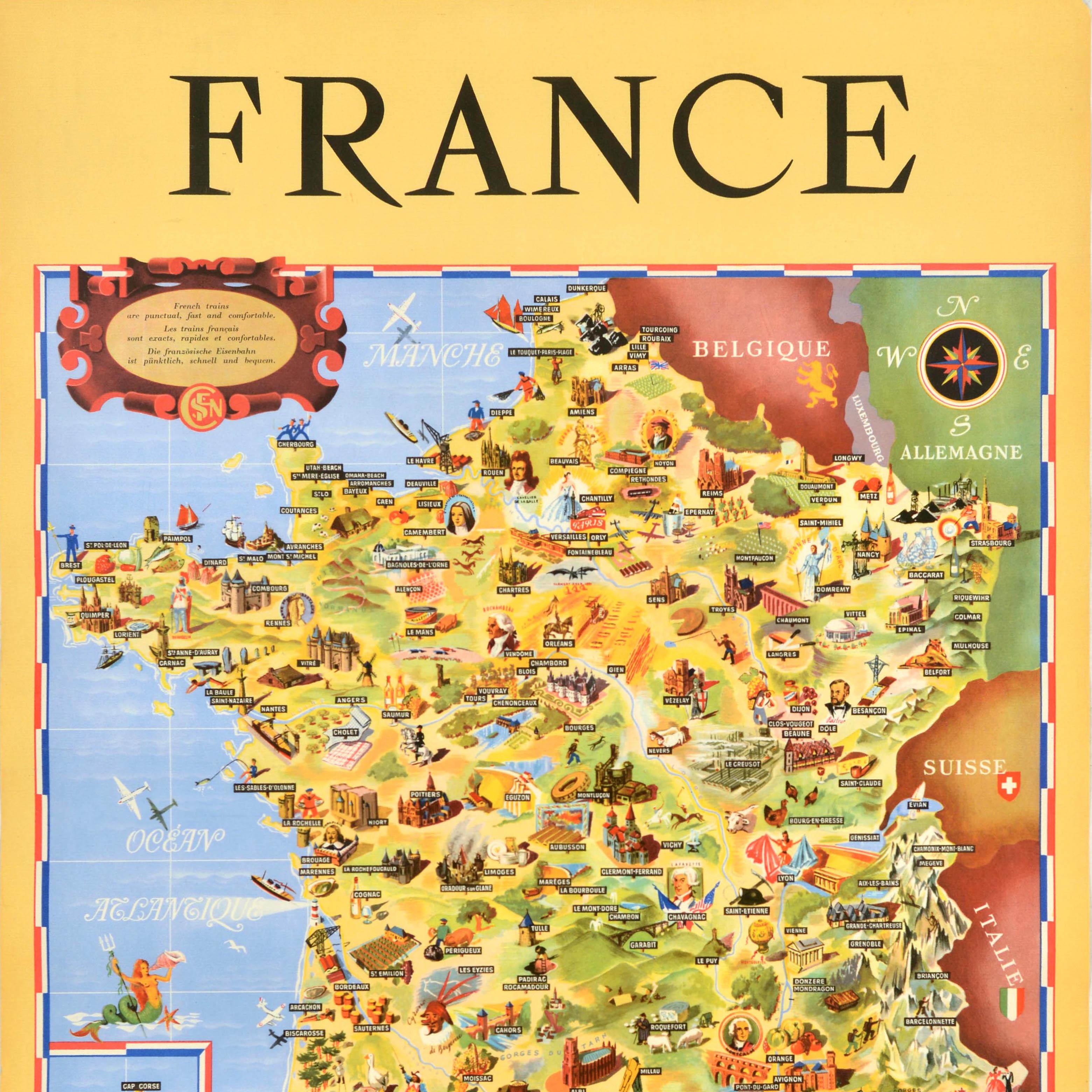 Original vintage rail travel map poster - France Societe Nationale des Chemins de Fer Francais - featuring a colourful illustrated map by Jean Cheval and Alex Batany (as Cheval-Batany) of places of interest and landmarks including ancient and