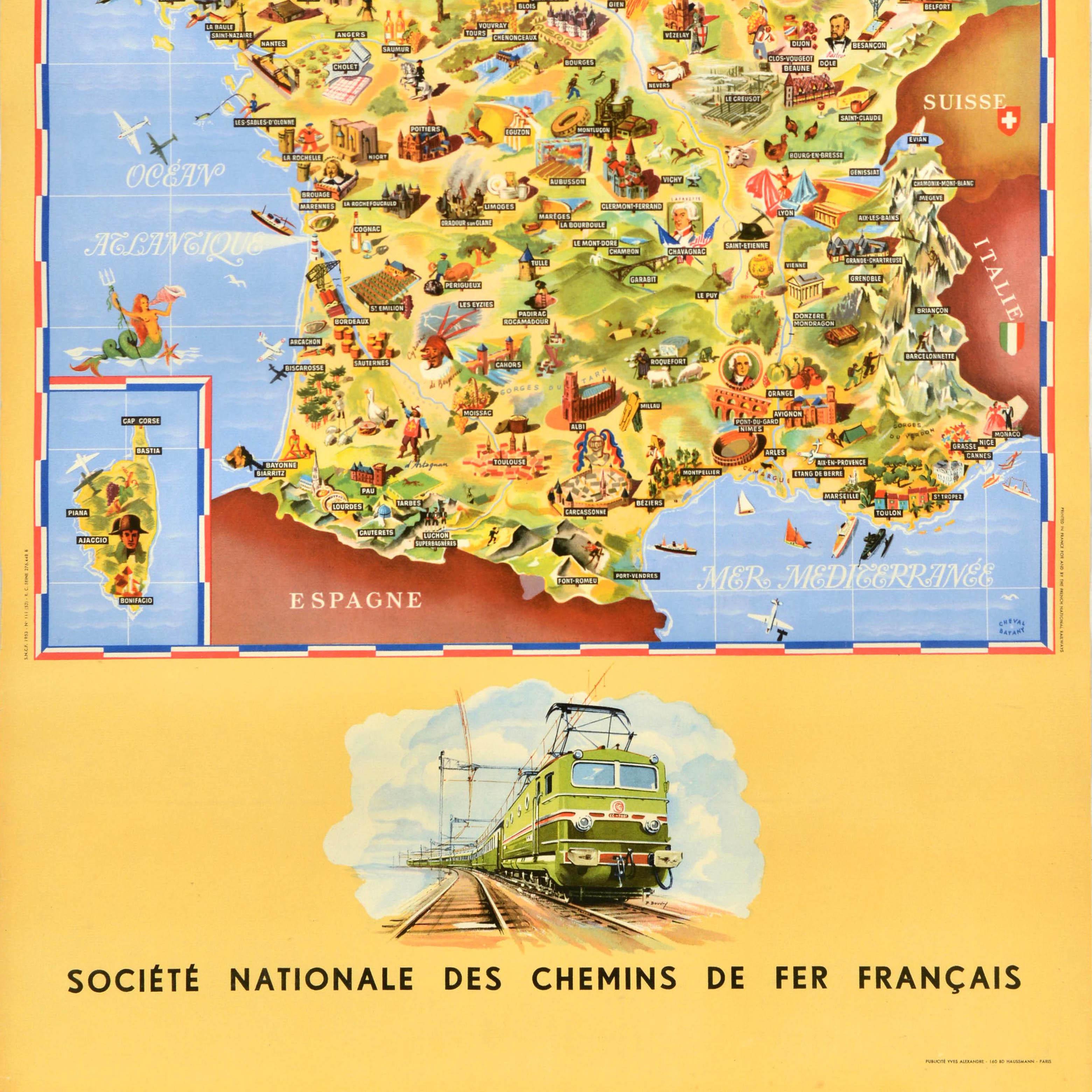 Originale Eisenbahn-Reisekarte im Vintage-Stil - Frankreich Societe Nationale des Chemins de Fer Francais - mit einer farbig illustrierten Karte von Jean Cheval und Alex Batany (als Cheval-Batany), auf der Sehenswürdigkeiten und Wahrzeichen wie alte