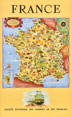 Affiche rétro originale de voyage, France, Carte SNCF, Chemin de fer national français