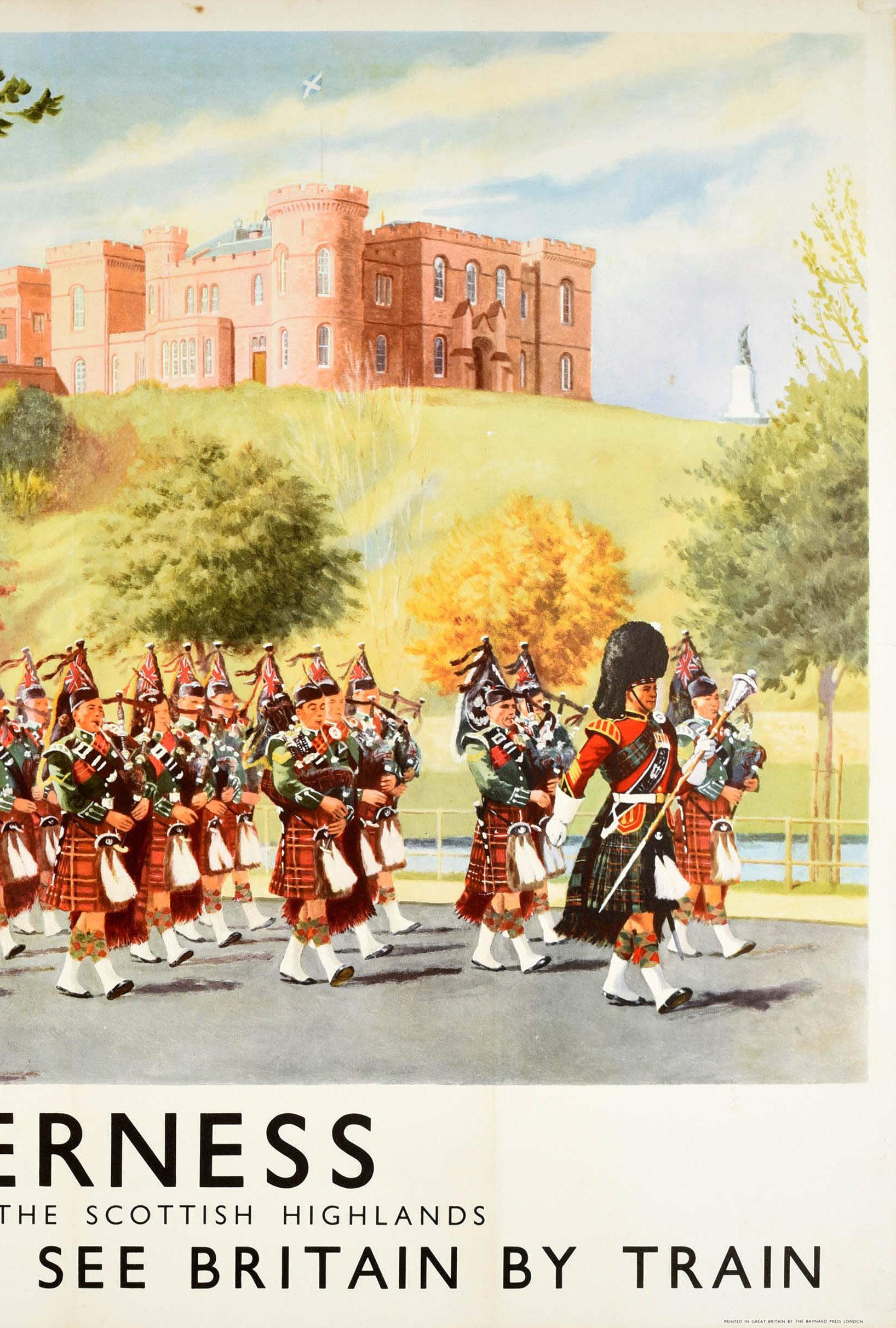 Original vintage rail travel poster for Inverness The Capital Of The Scottish Highlands See Britain By Train British Railways featuring artwork depicting The Queen's Own Cameron Highlanders Marching Along Ness Walk by Lance Cattermole (1898-1992).