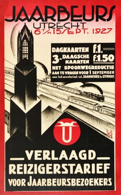 Poster di viaggio ferroviario originale d'epoca Jaarbeurs Utrecht Fair De Inktpot Inkwell