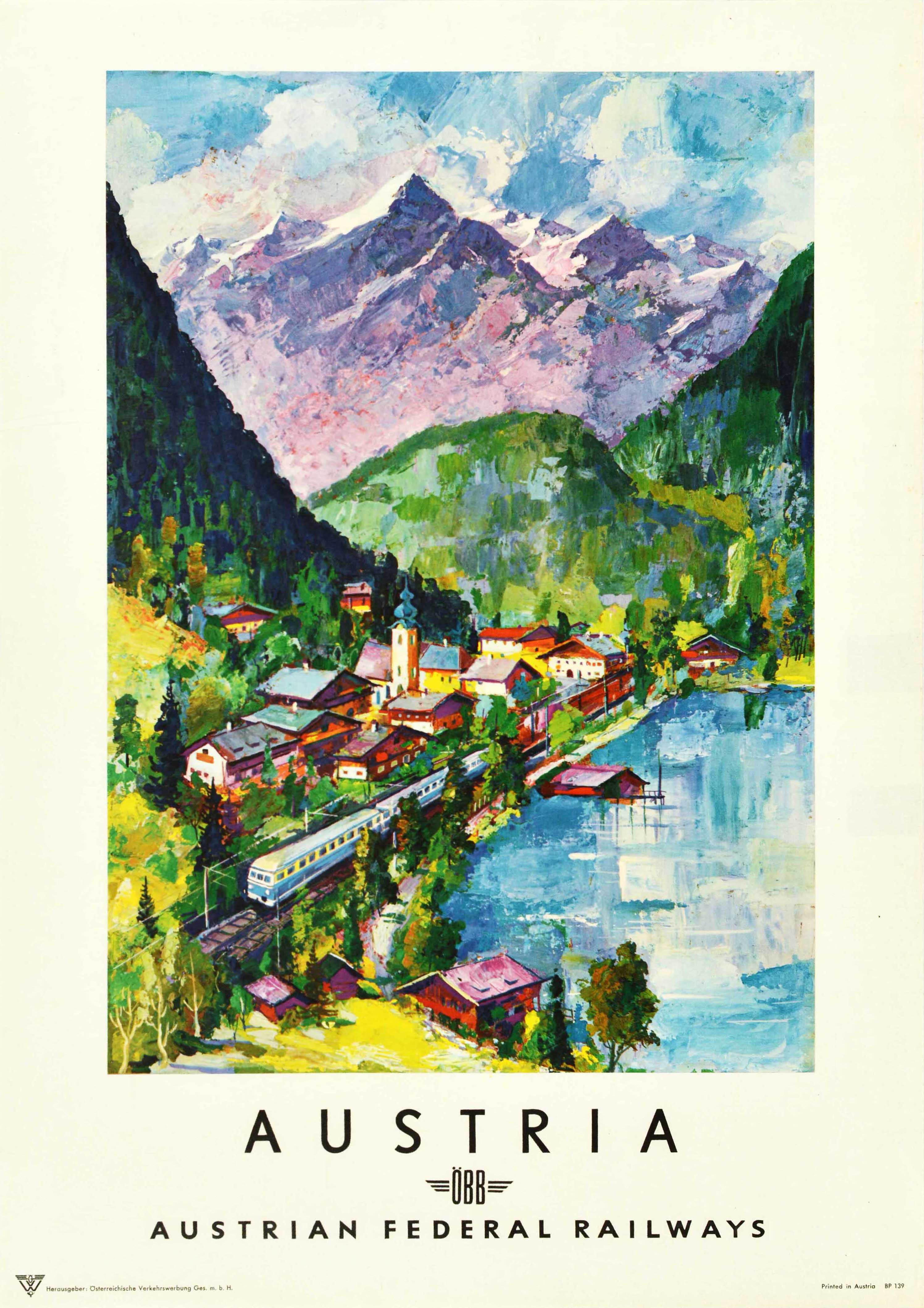 Print di Unknown - Poster ferroviario originale d'epoca Austria Alpi Villaggio Lago OBB Treno Viaggio Arte