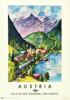 Original Vintage Railway Poster Austria Alps Village Lake OBB Train Travel Art