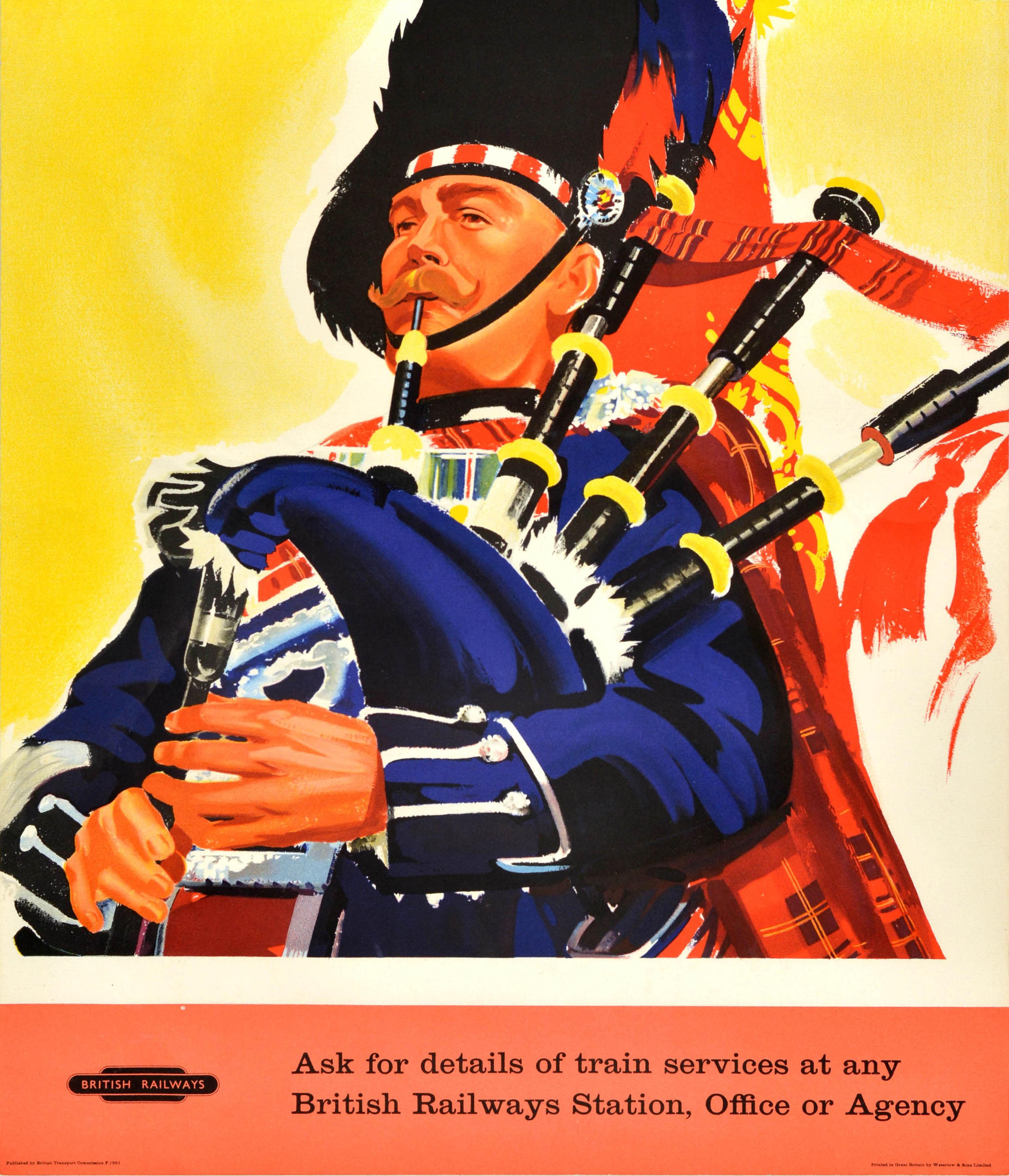 Original vintage railway travel advertising poster - See Britain by Train - featuring a colourful illustration of a Scottish piper in uniform playing music on bagpipes set on a yellow background, the title in red and white on a black border above