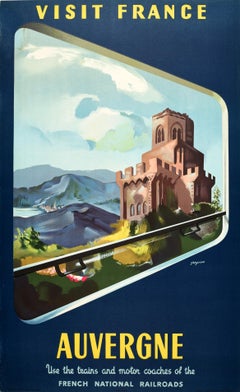 Affiche rétro originale de voyage en chemin de fer, Auvergne, Visit France SNCF, Alpes du Rhone