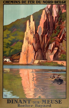 Original Antique Railway Travel Poster Dinant Sur Meuse Rocher Bayard Rock Belge