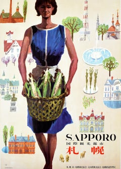 Original Retro Railway Travel Poster Sapporo Tourist City Japan Hokkaido Art