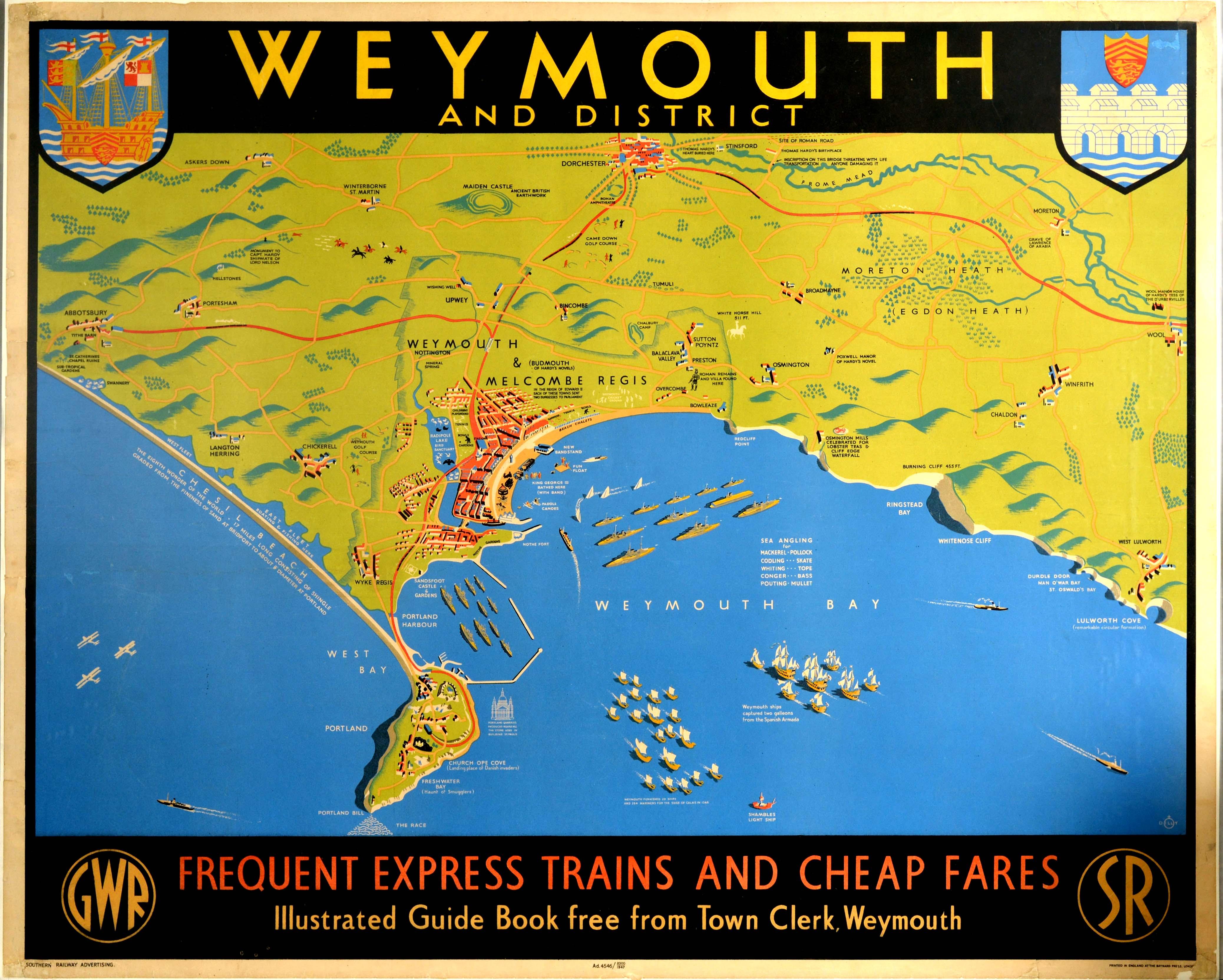 Unknown Print - Original Vintage Railway Travel Poster Weymouth GWR SR Railway Map Express Train
