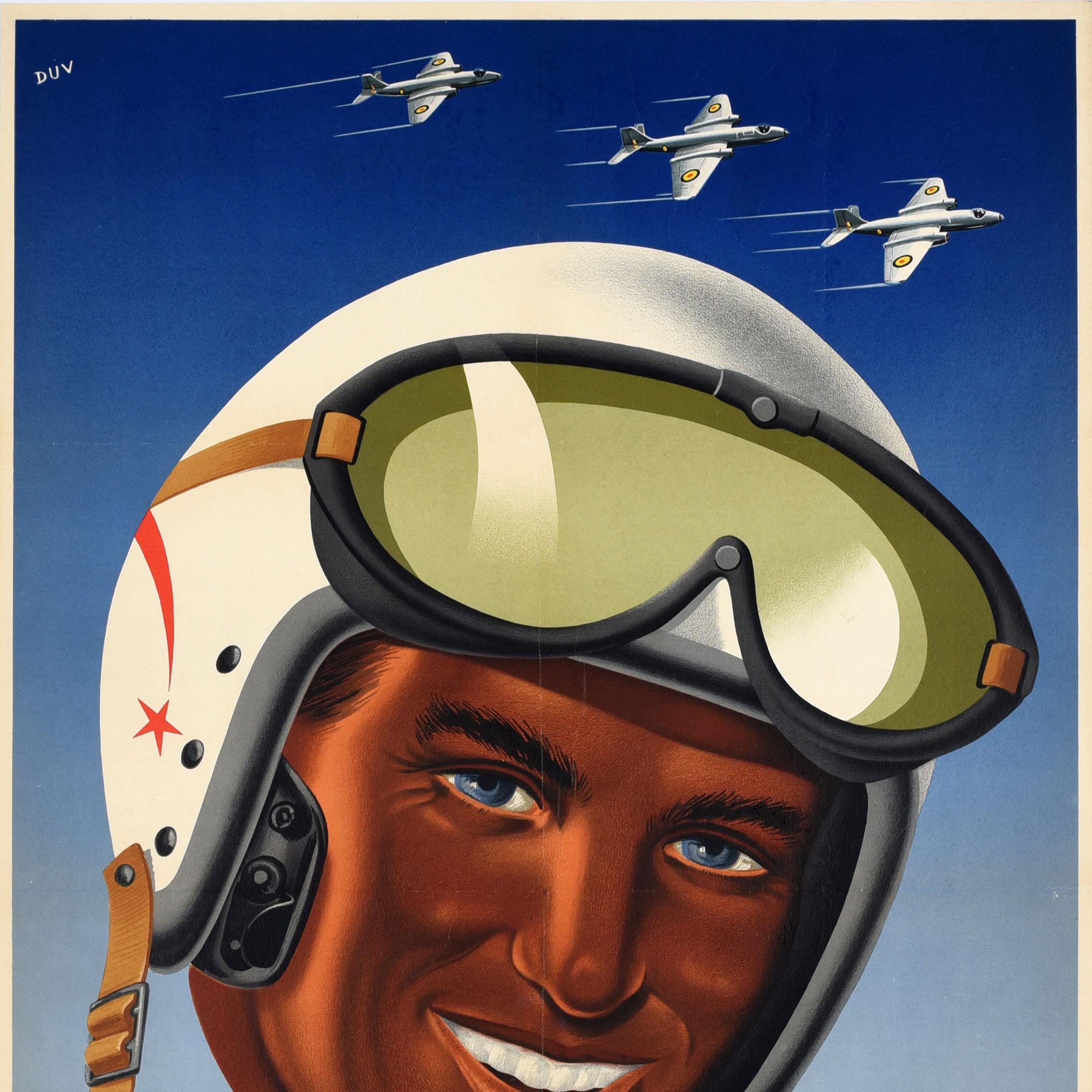 Original vintage recruitment poster - Air Force Pilot ... Your Career / Pilote a la Force Aerienne ... ta carrière! Great design featuring a smiling man wearing a pilot's helmet and goggles with three military planes flying overhead on a blue