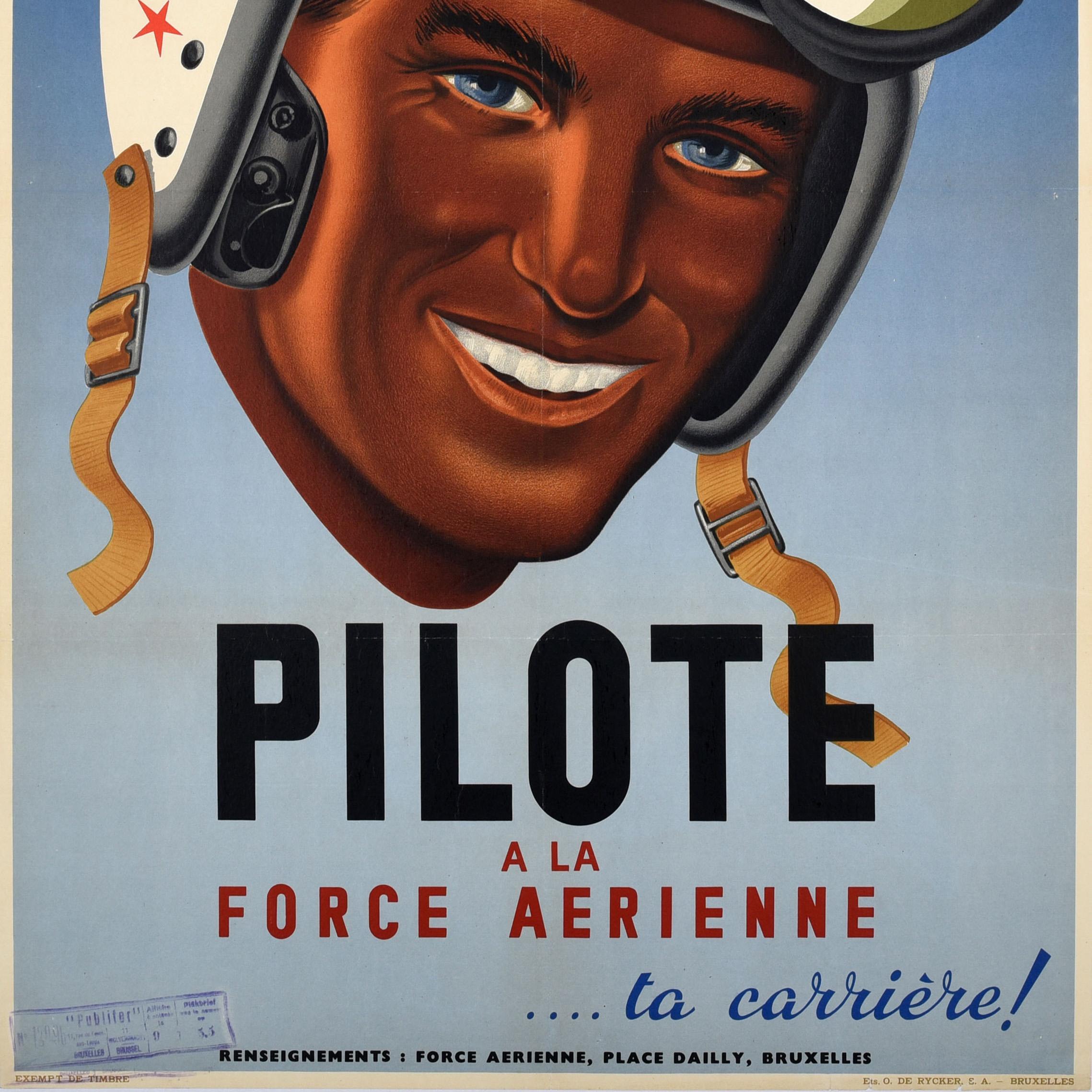 Original Vintage Recruitment Poster Air Force Pilot Belgium Force Aerienne Army For Sale 1