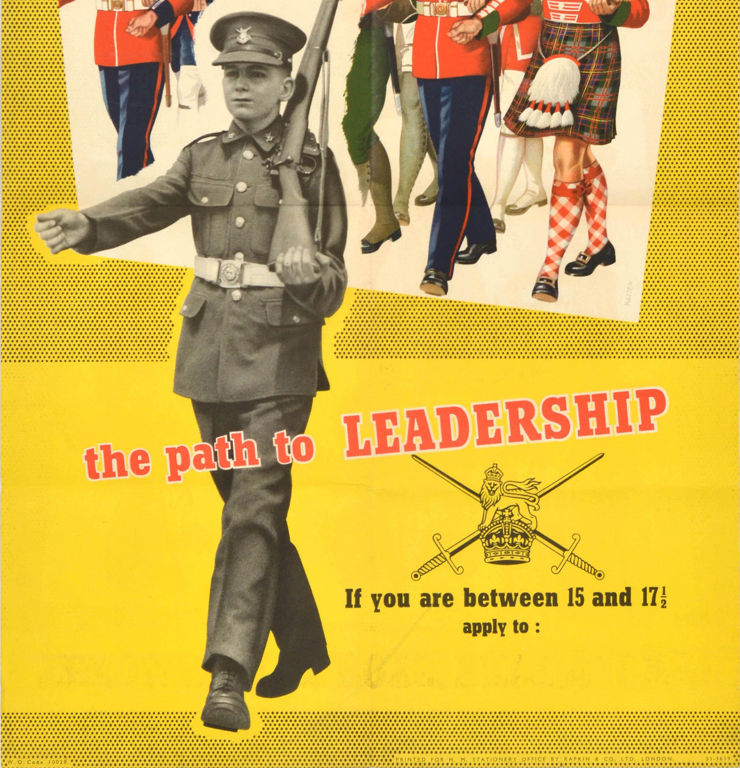 Original vintage recruitment poster - The Infantry Boys' Battalion The Path to Leadership - featuring an image of a young cadet in a uniform carrying a weapon over his shoulder with an illustration of uniformed soldiers in the background. Printed