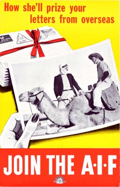 Original Vintage Recruitment Propaganda Poster Join The AIF Camel WWII Australia